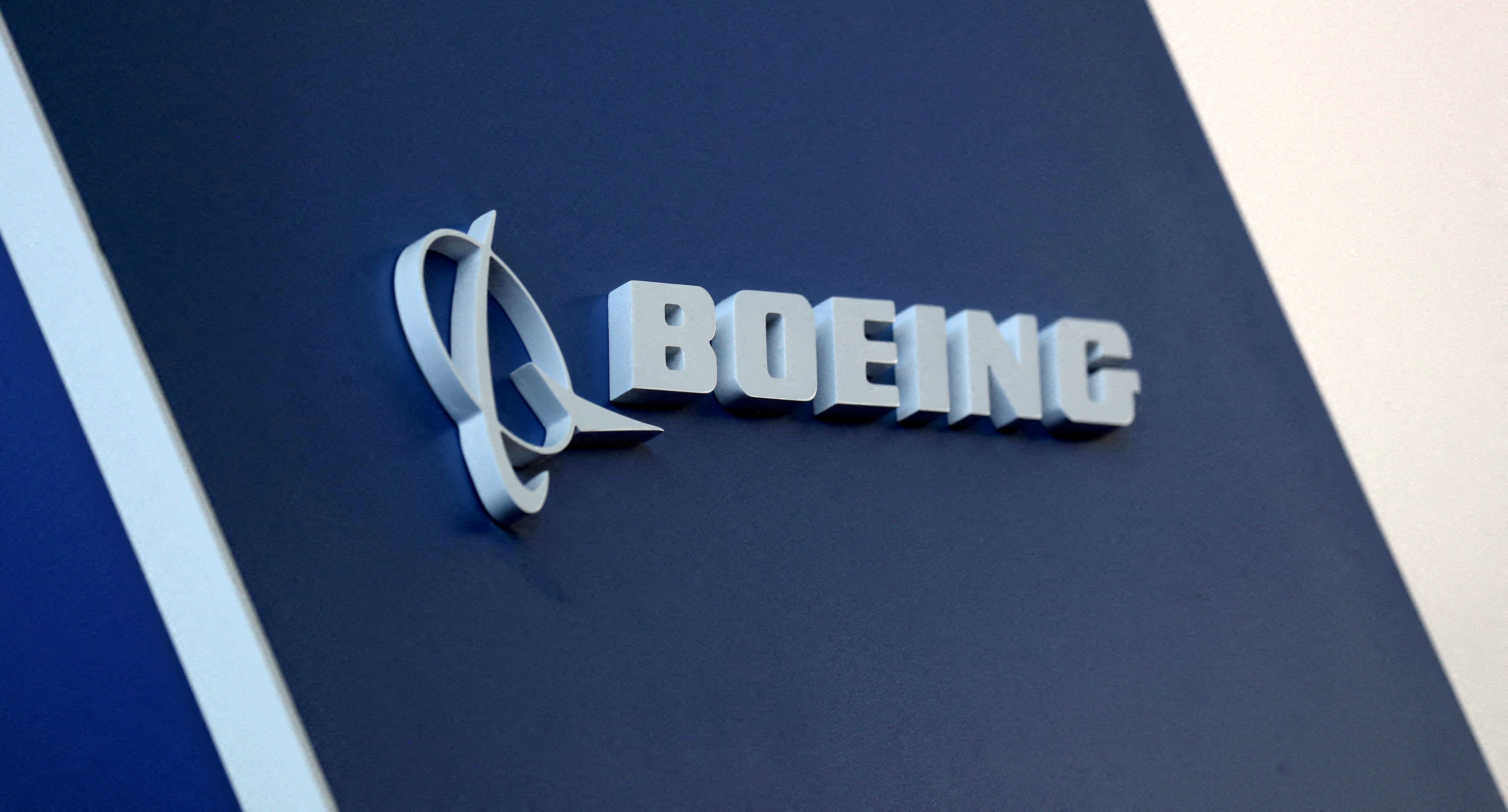 The Boeing logo is pictured at the LABACE fair in Sao Paulo
