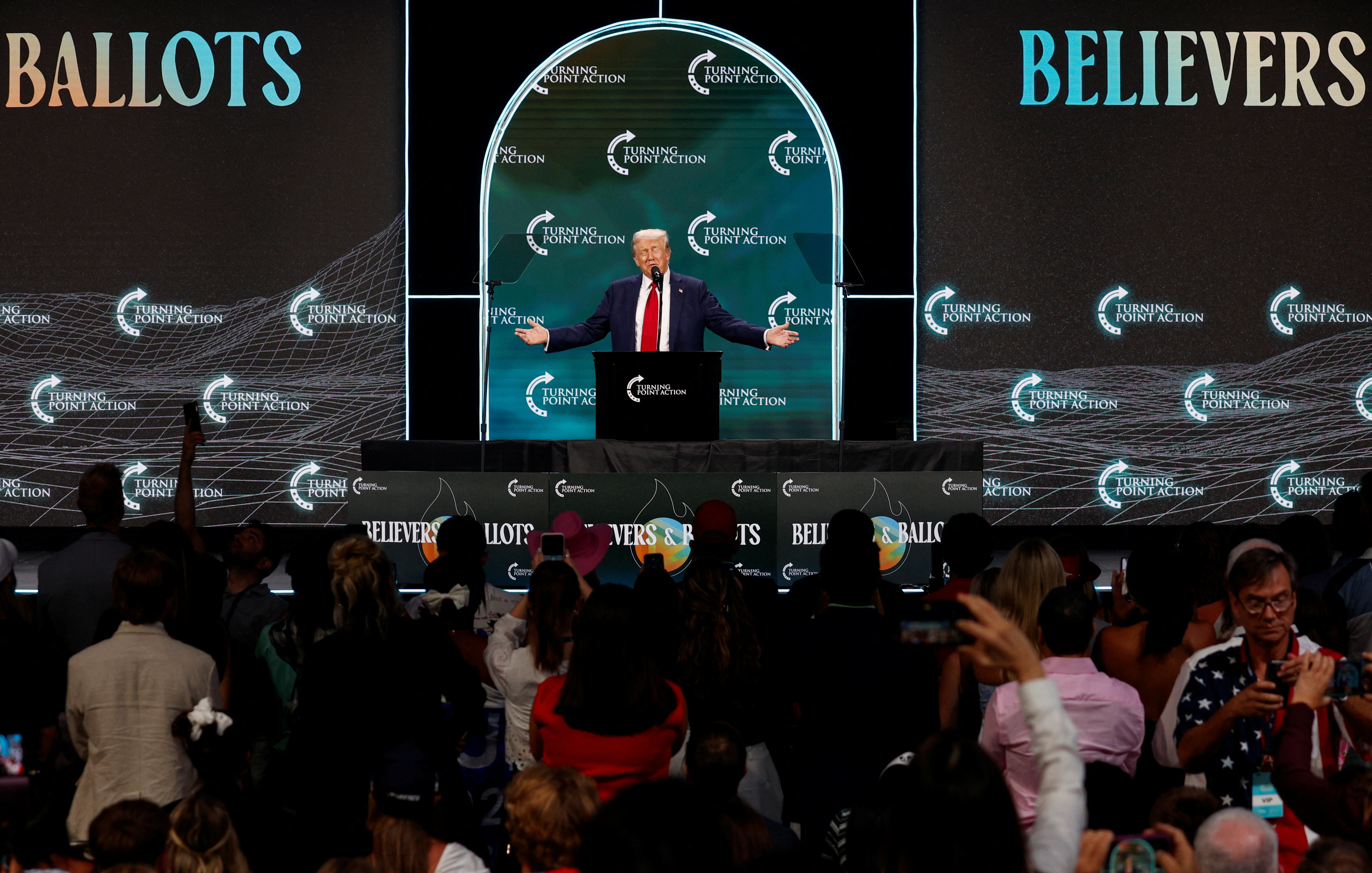 Republican presidential nominee and former U.S. President Donald Trump attends The Believers Summit 2024 in West Palm Beach