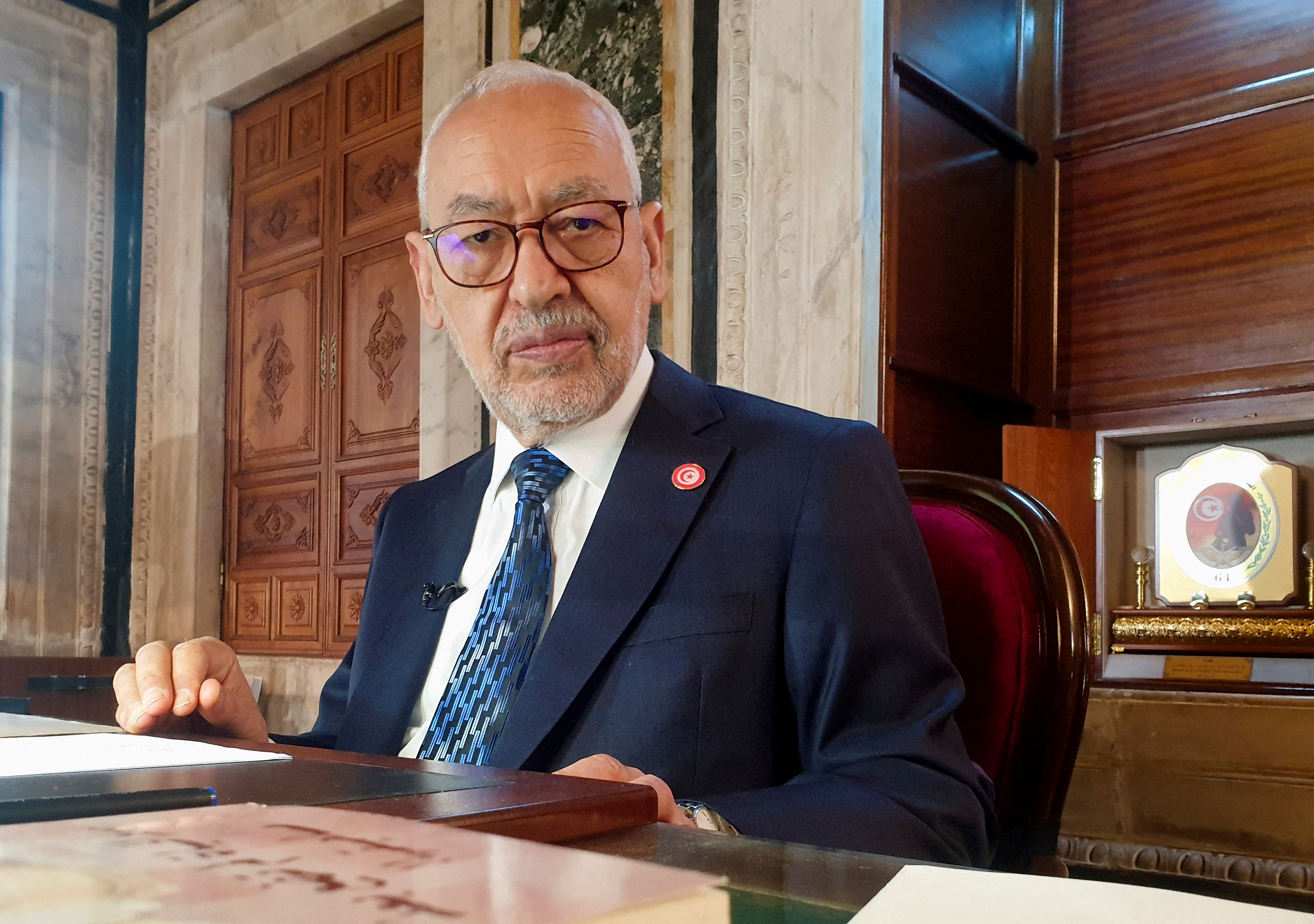 Parliament Speaker Rached Ghannouchi poses during an interview with Reuters in his office, in Tunis