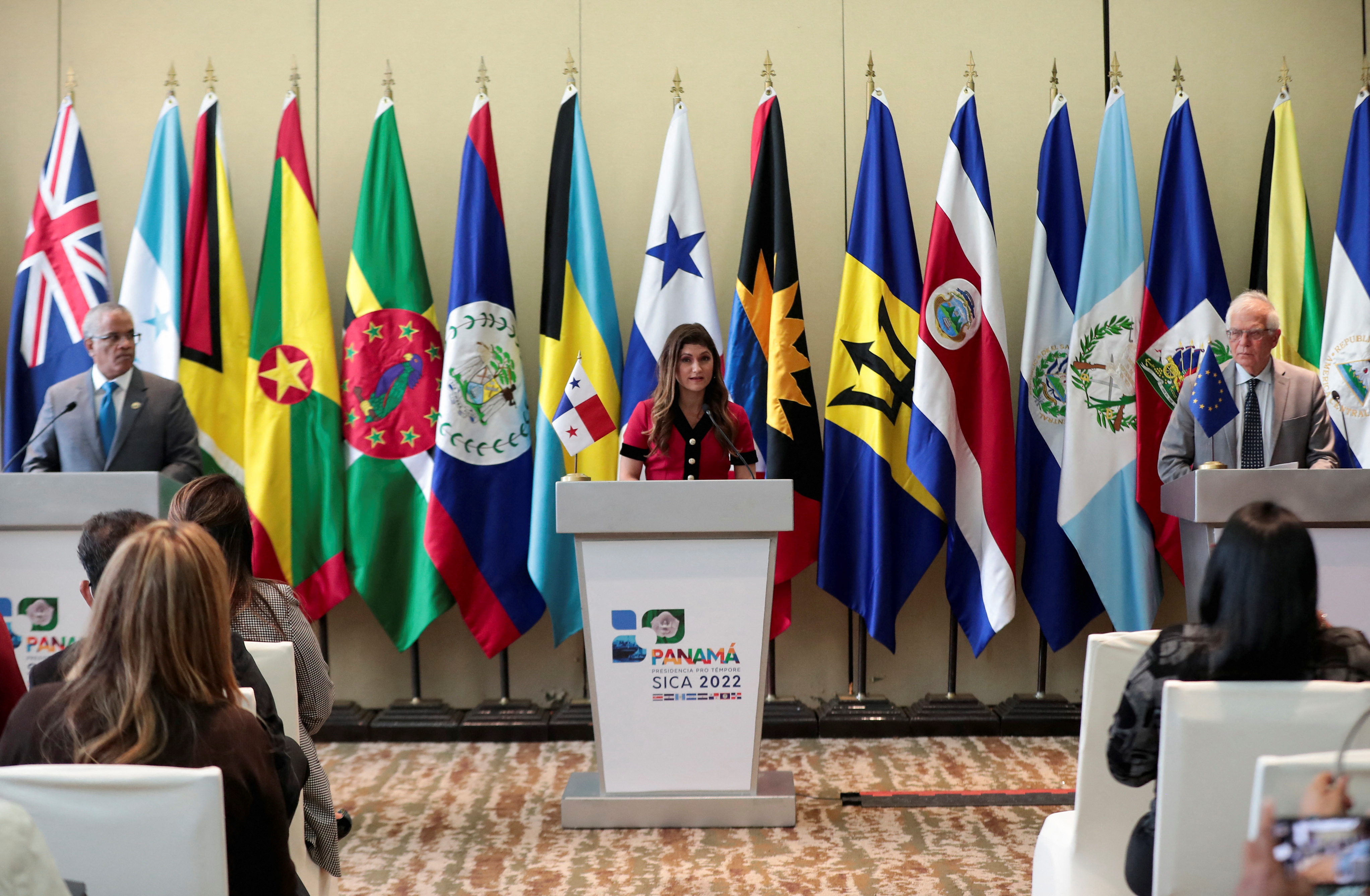 Panama's Foreign Minister Mouynes speaks next to Belice's Foreign Minister Courtenay and High Representative of the European Union for Foreign Affairs and Security Policy Borrell during a news conference in Panama City