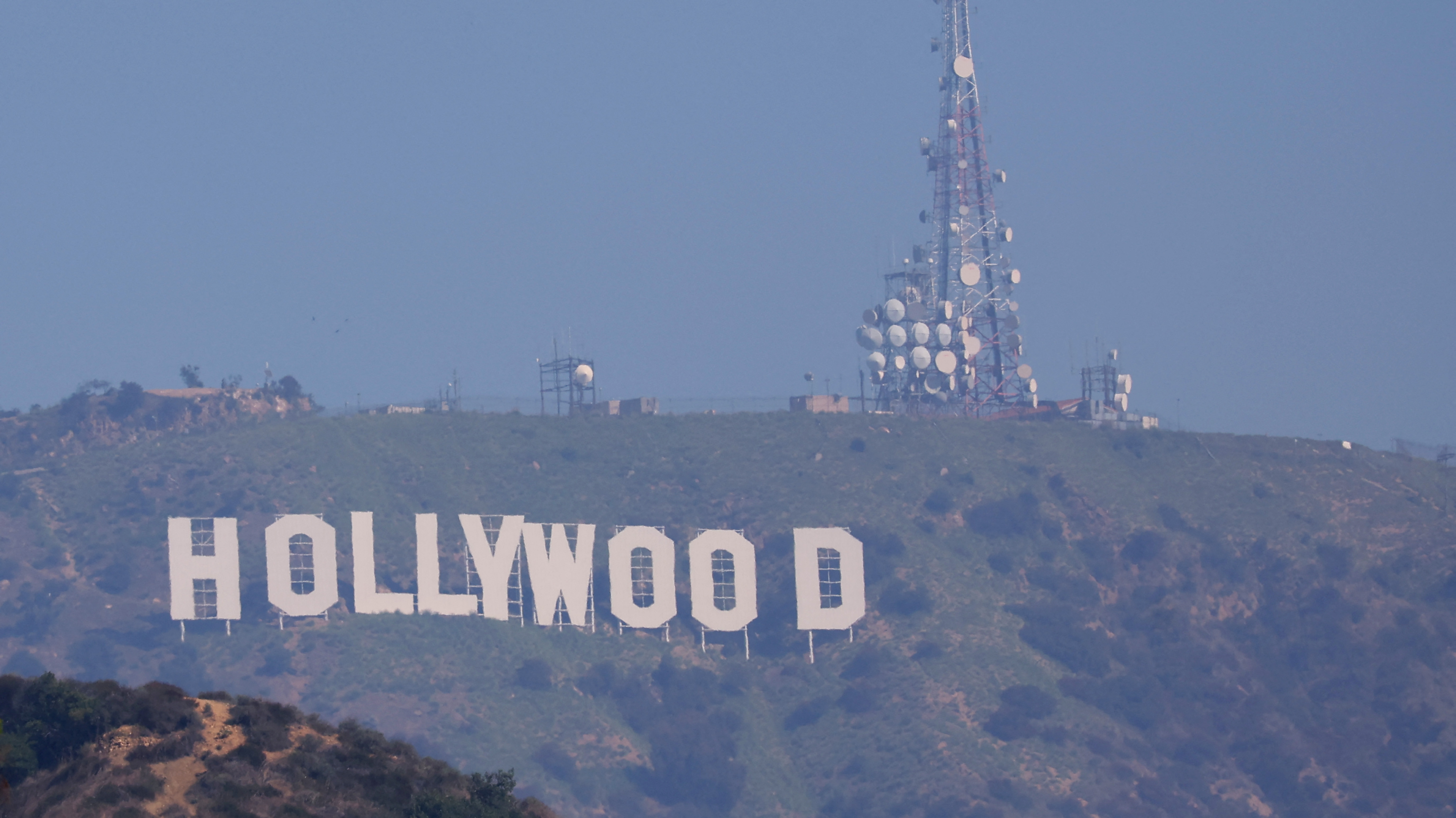 The iconic Hollywood sign is pictured the day after the Writers Guild of America (WGA) announced it reached a preliminary labor agreement with major studios in Los Angeles