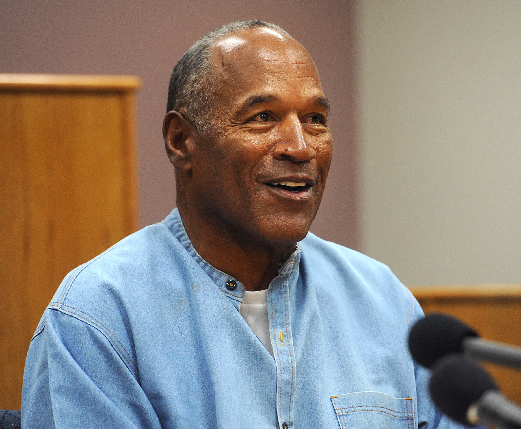 O.J. Simpson reacts during his parole hearing at Lovelock Correctional Center in Lovelock