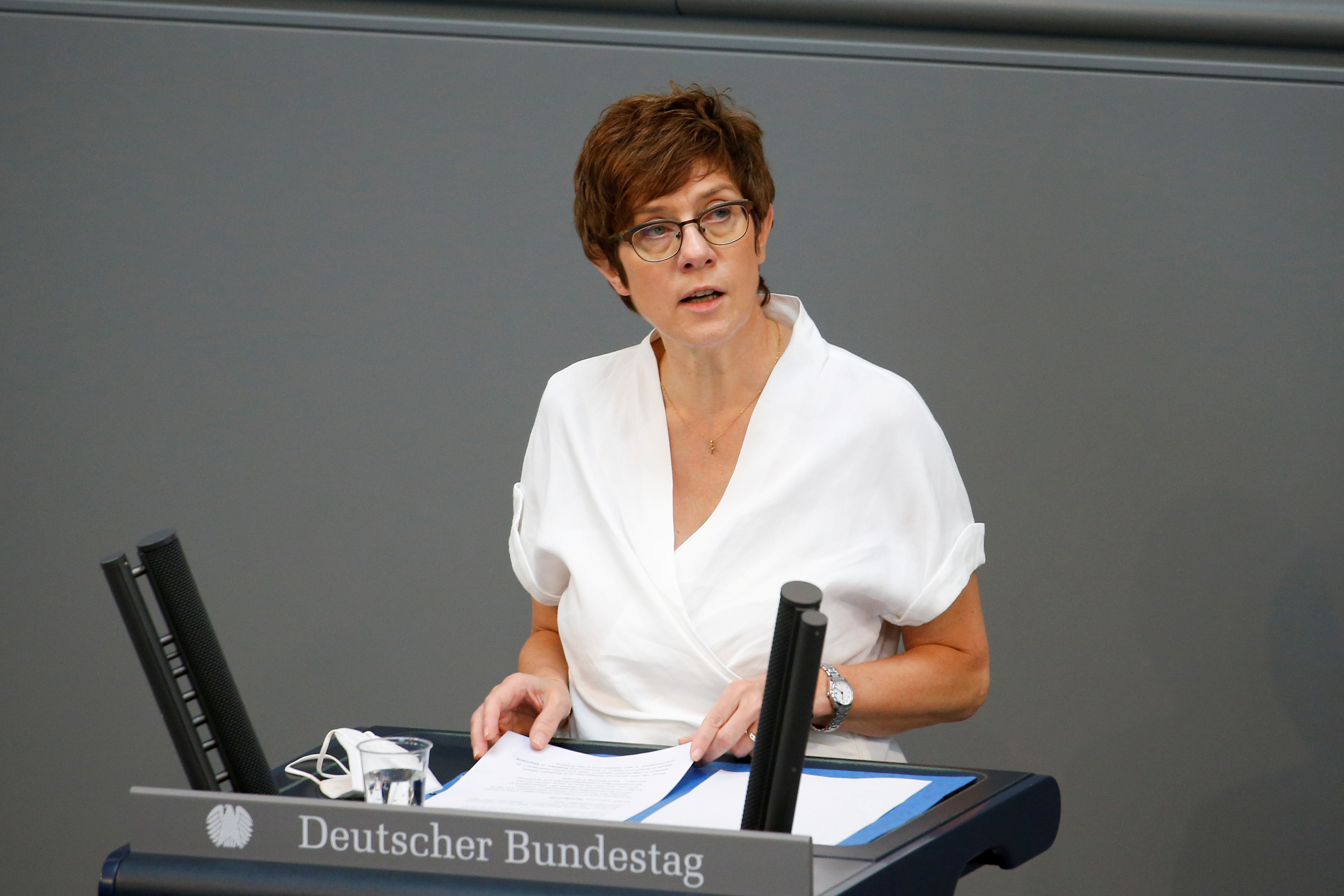 German Defense Minister Annegret Kramp-Karrenbauer speaks during the last session of the lower house of parliament Bundestag before federal elections, in Berlin, Germany, June 23, 2021. REUTERS/Michele Tantussi/File Photo