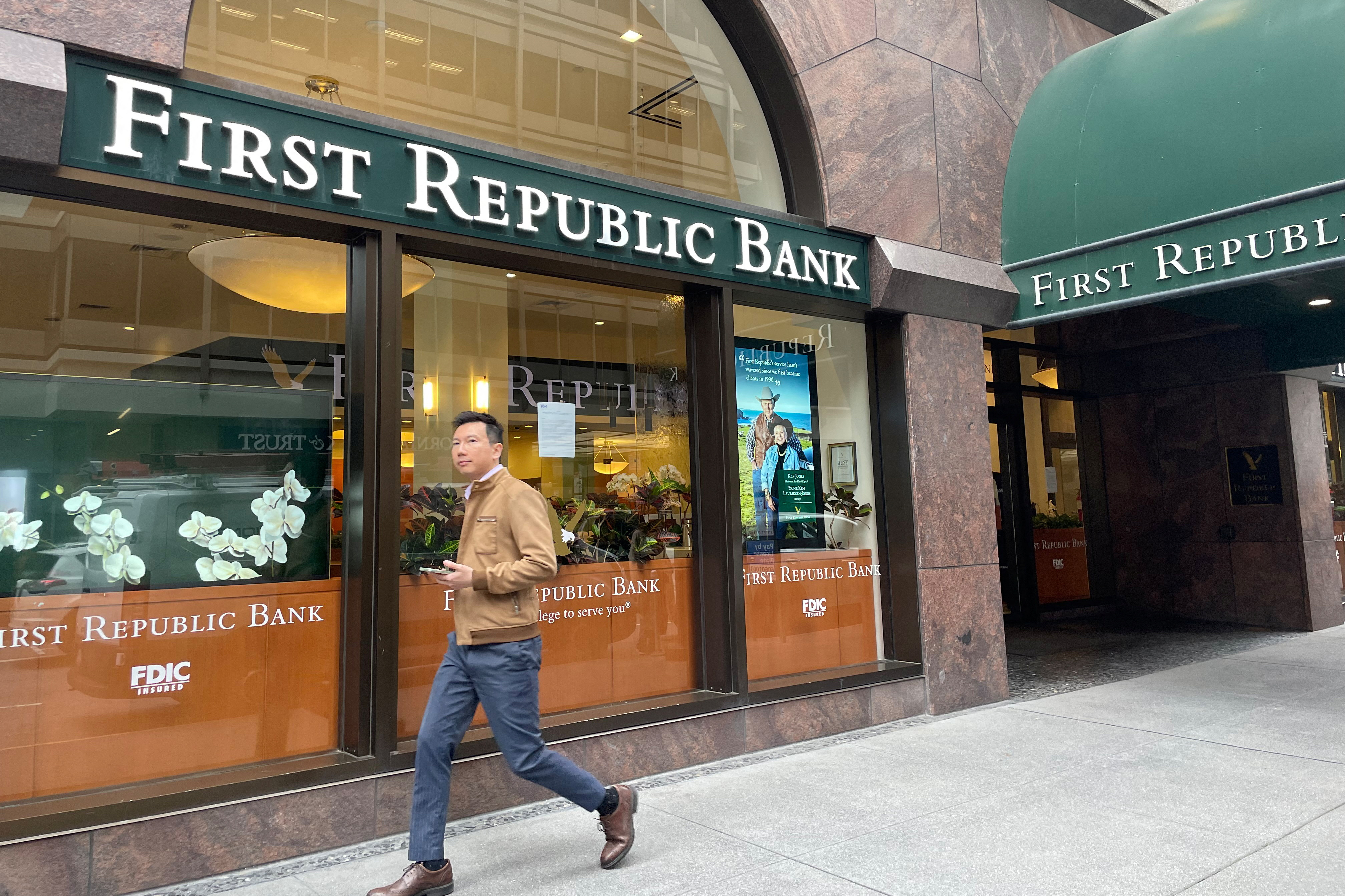 A branch of First Republic Bank is seen after Jamie Dimon's JPMorgan Chase & Co emerged as the winner of a weekend auction