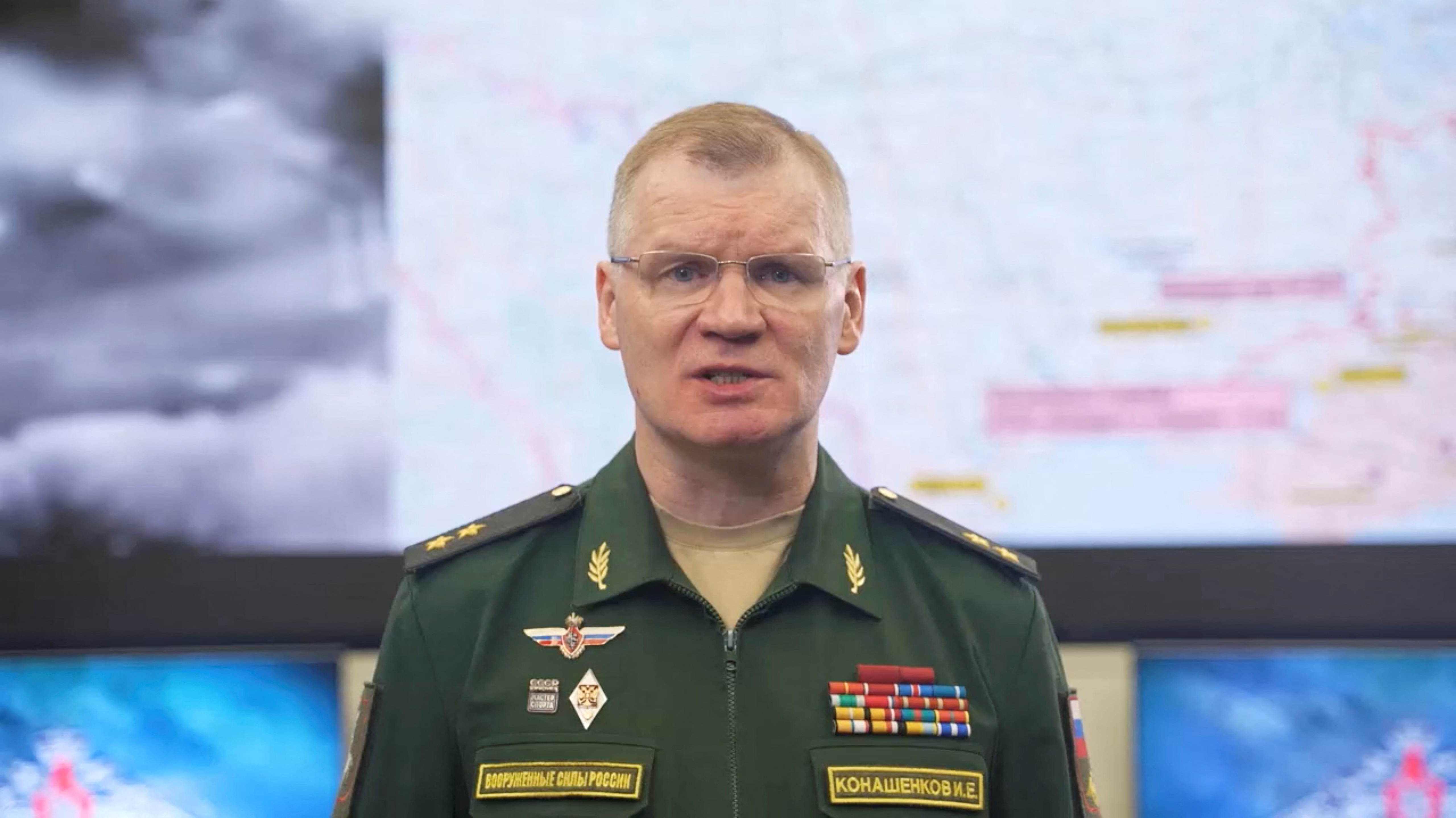 Russian Defence Ministry spokesperson Igor Konashenkov makes a statement
