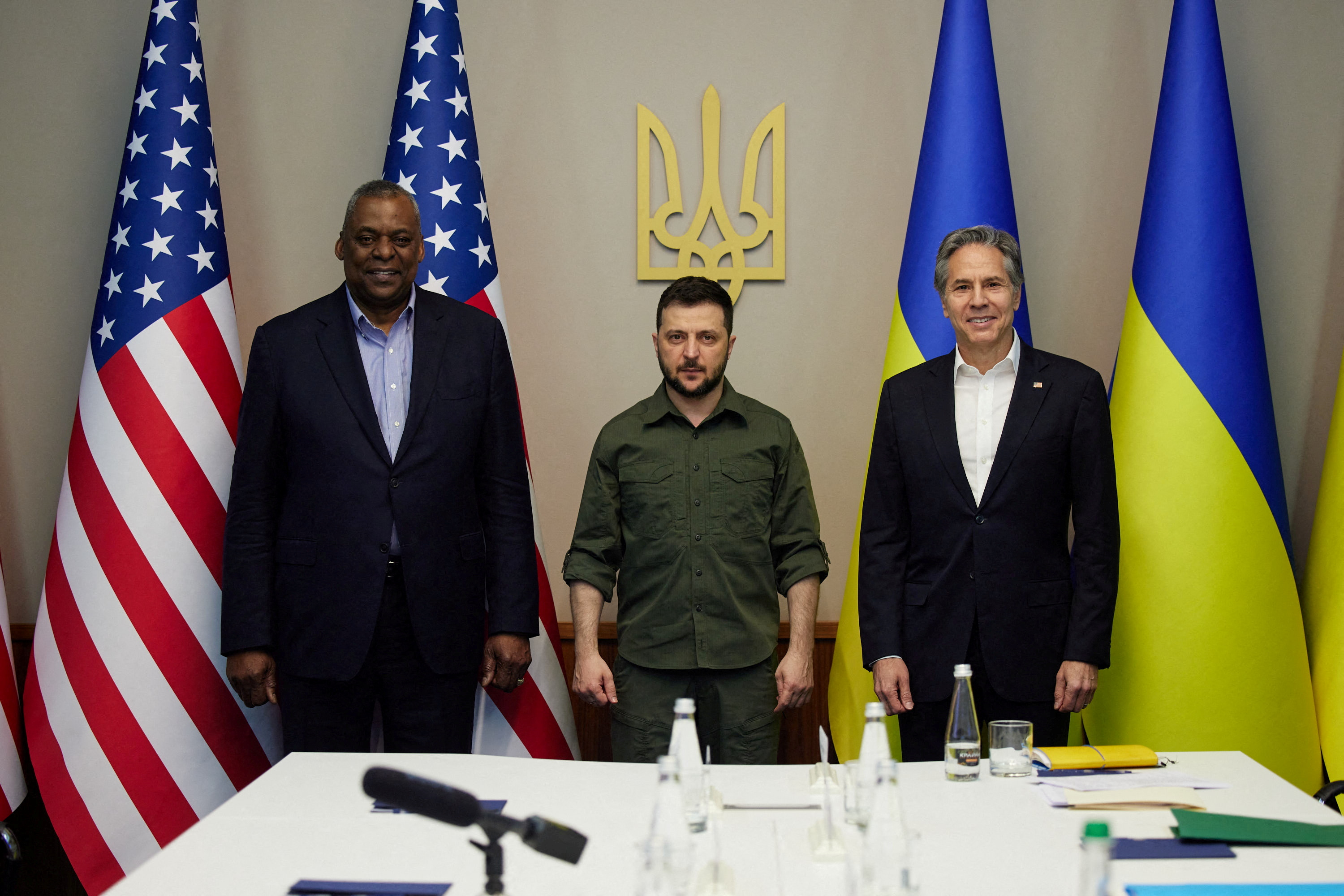 Ukraine's President Zelenskiy, U.S. Secretary of State Blinken and Defense Secretary Austin attend a meeting in Kyiv