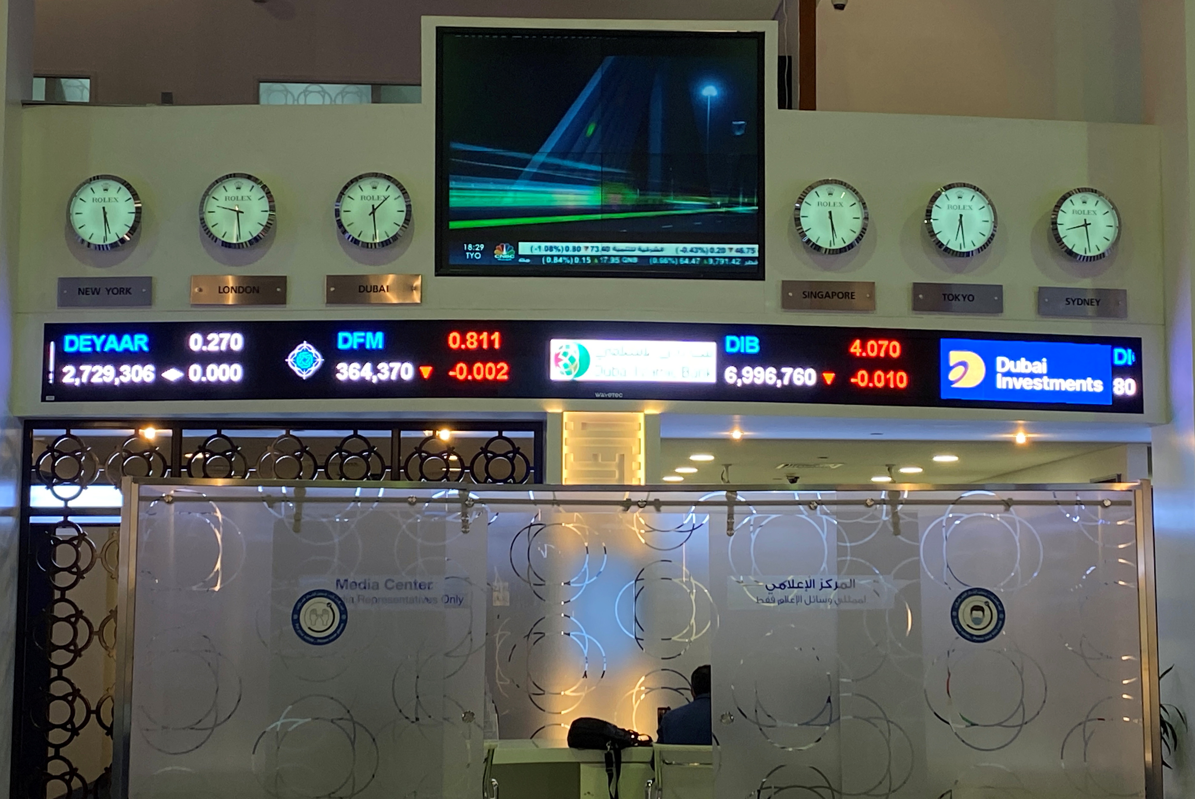 Clocks showing the time in different cities of the world are seen at the stock market