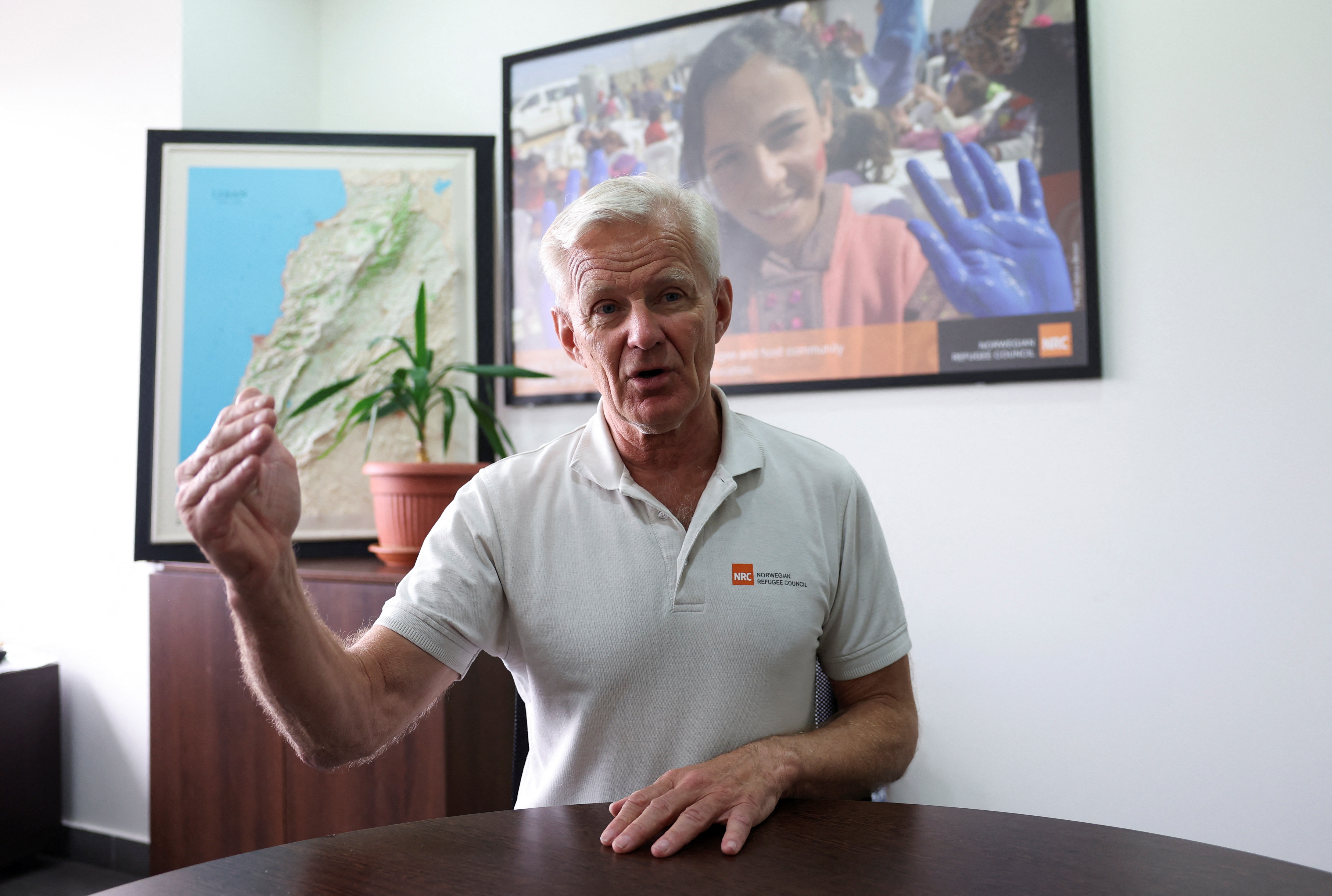 Jan Egeland, Secretary-General of the Norwegian Refugee Council speaks during an interview with Reuters in Sin El Fil