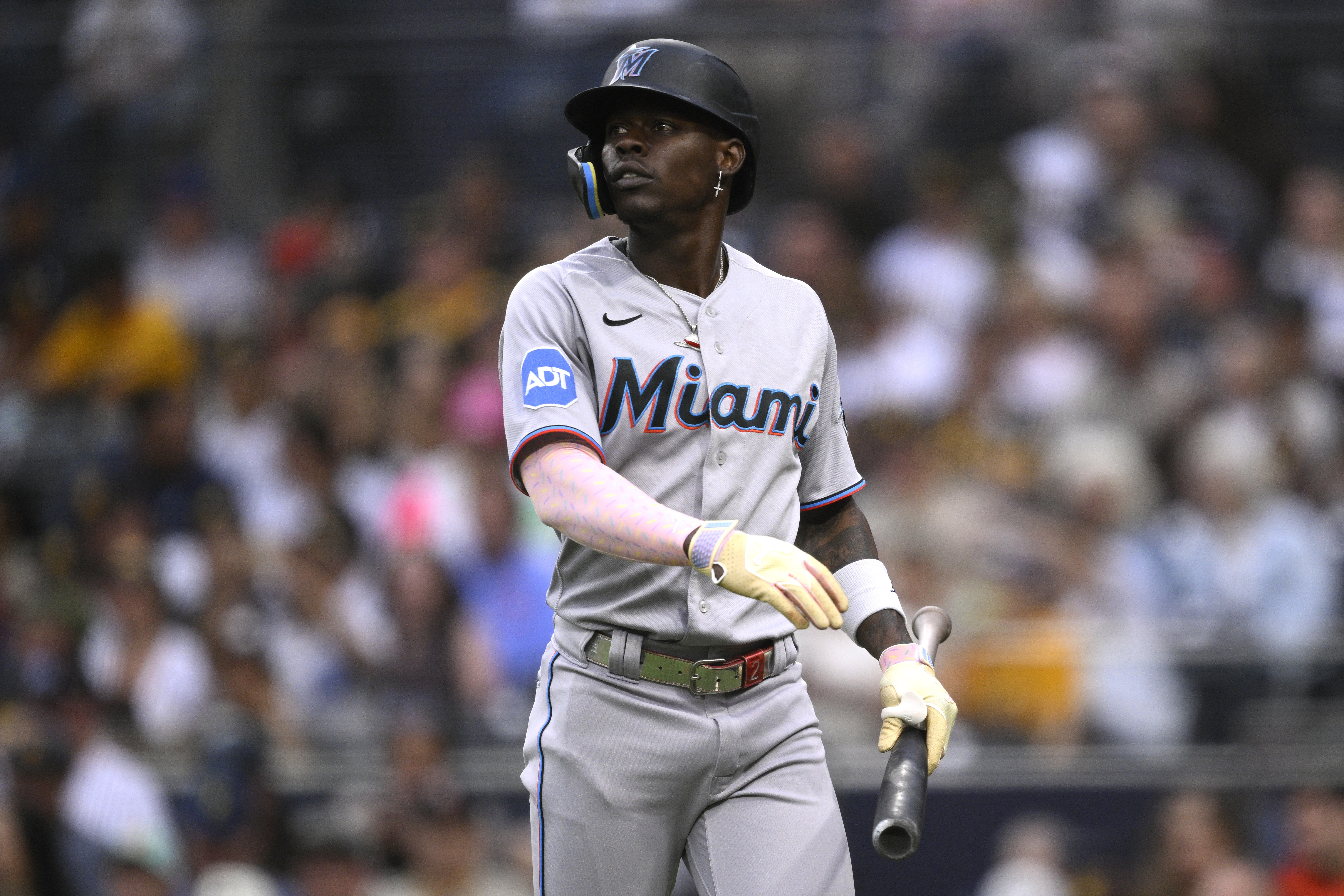 San Diego Padres second baseman Ha-seong Kim (7) reacts to a strike out  call during an MLB regular season game against the Miami Marlins, Saturday,  Ju Stock Photo - Alamy