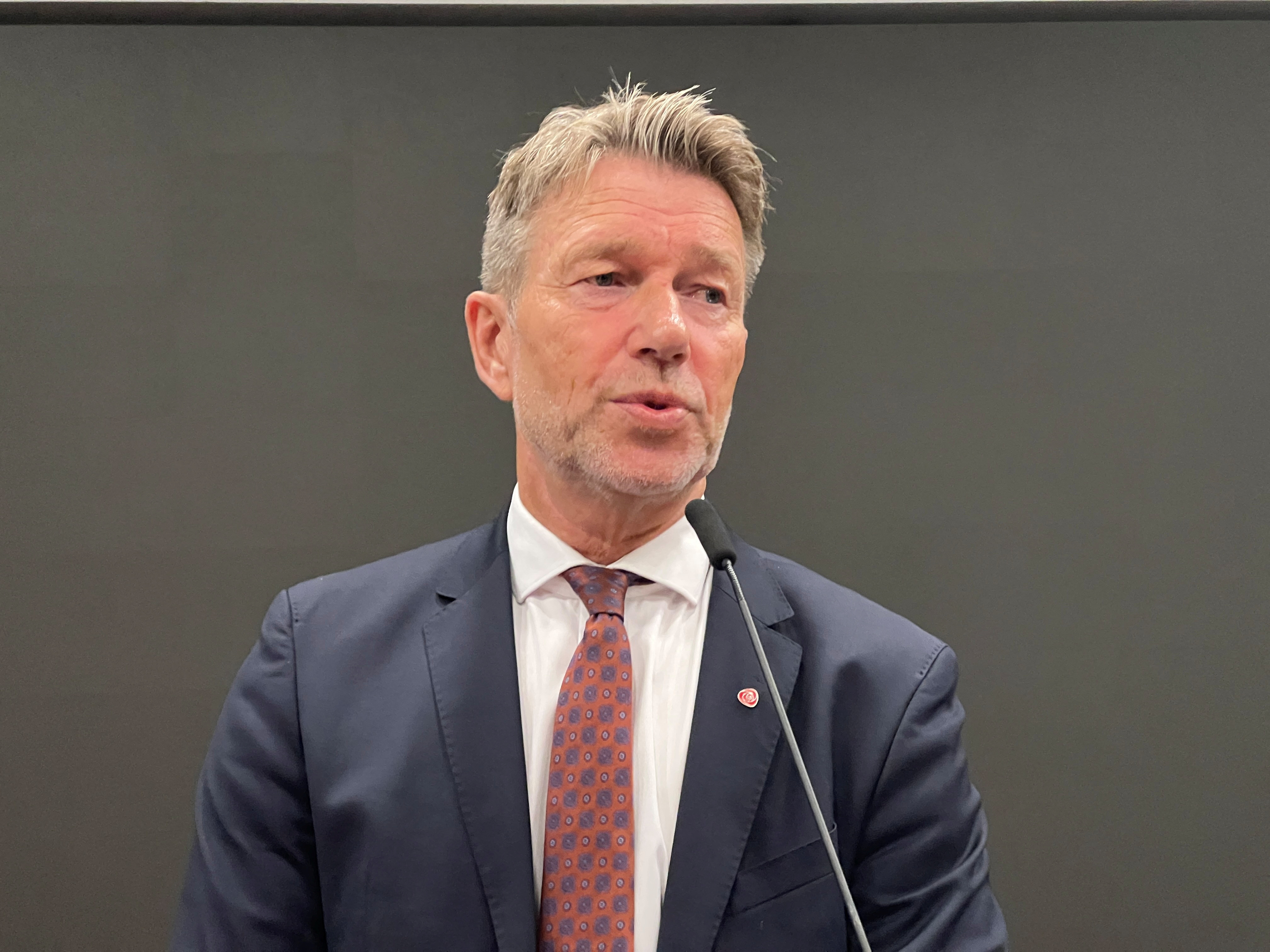 Norway's Oil and Energy Minister Terje Aasland talks to members of the media in Oslo