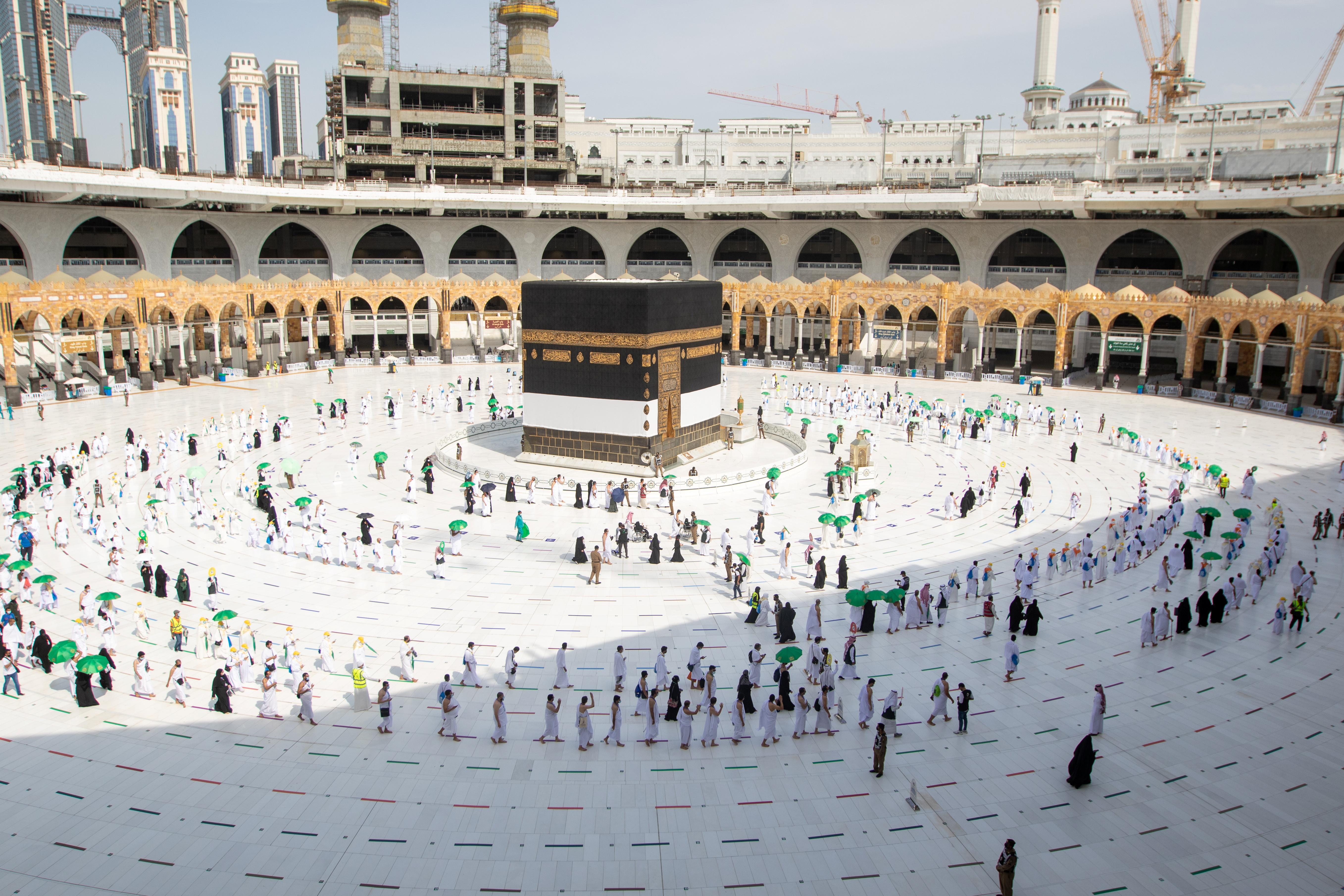 Pilgrims keeping social distance perform their Umrah in the Grand Mosque during the annual Haj pilgrimage, in the holy city of Mecca