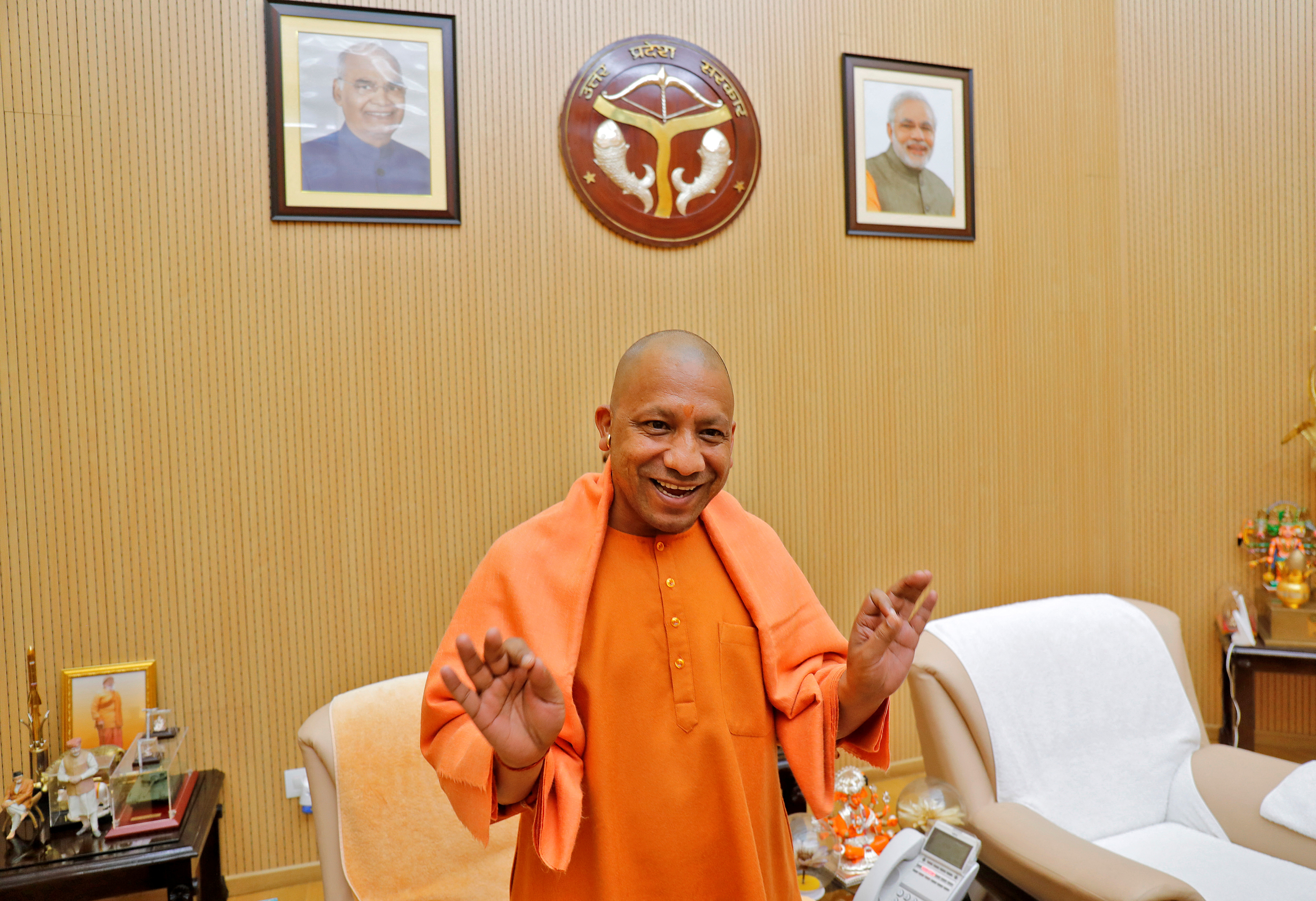 Yogi Adityanath reacts after an interview with Reuters in Lucknow