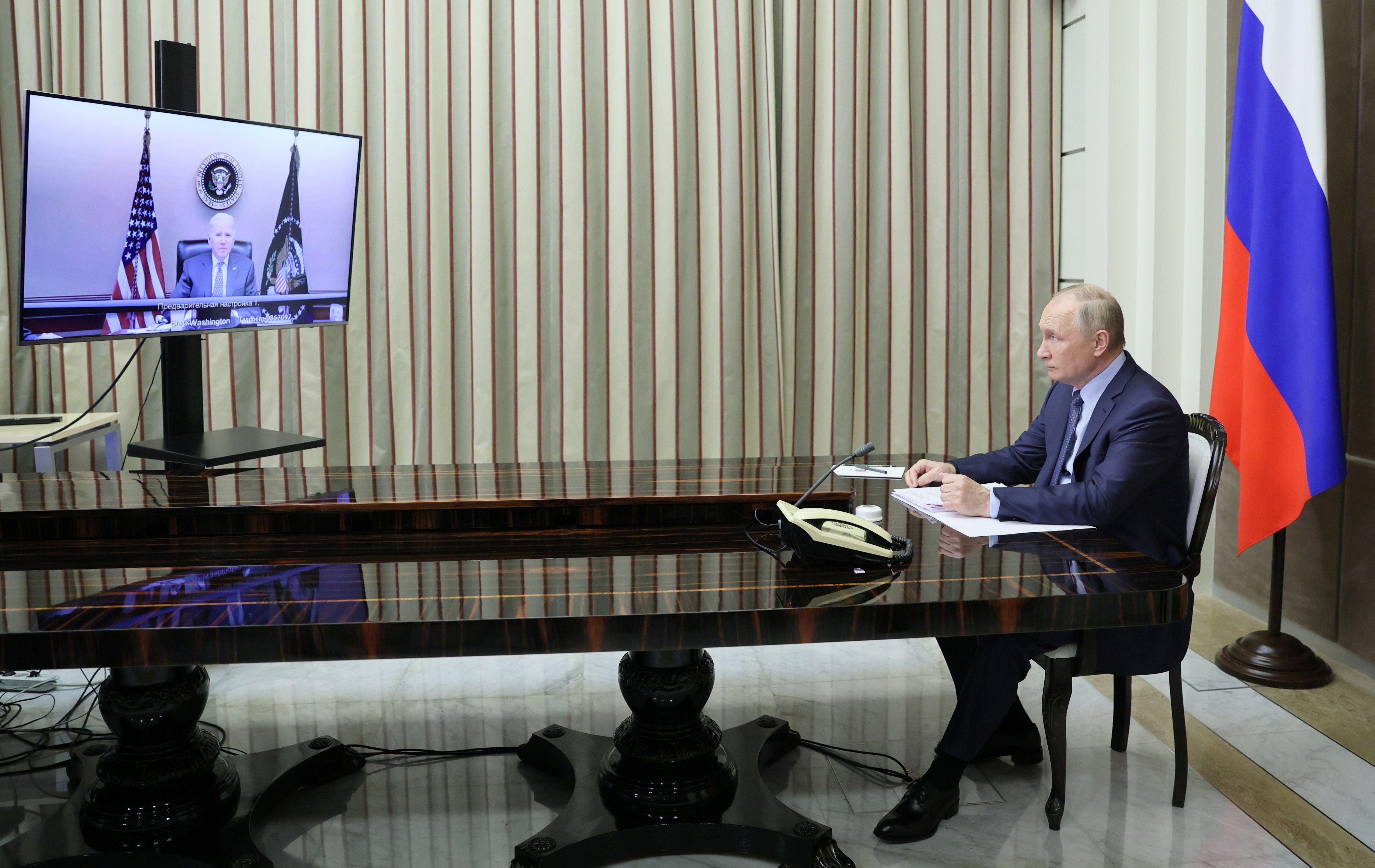 Russian President Vladimir Putin holds talks with U.S. President Joe Biden via a video link in Sochi, Russia December 7, 2021. Sputnik/Mikhail Metzel/Pool via REUTERS