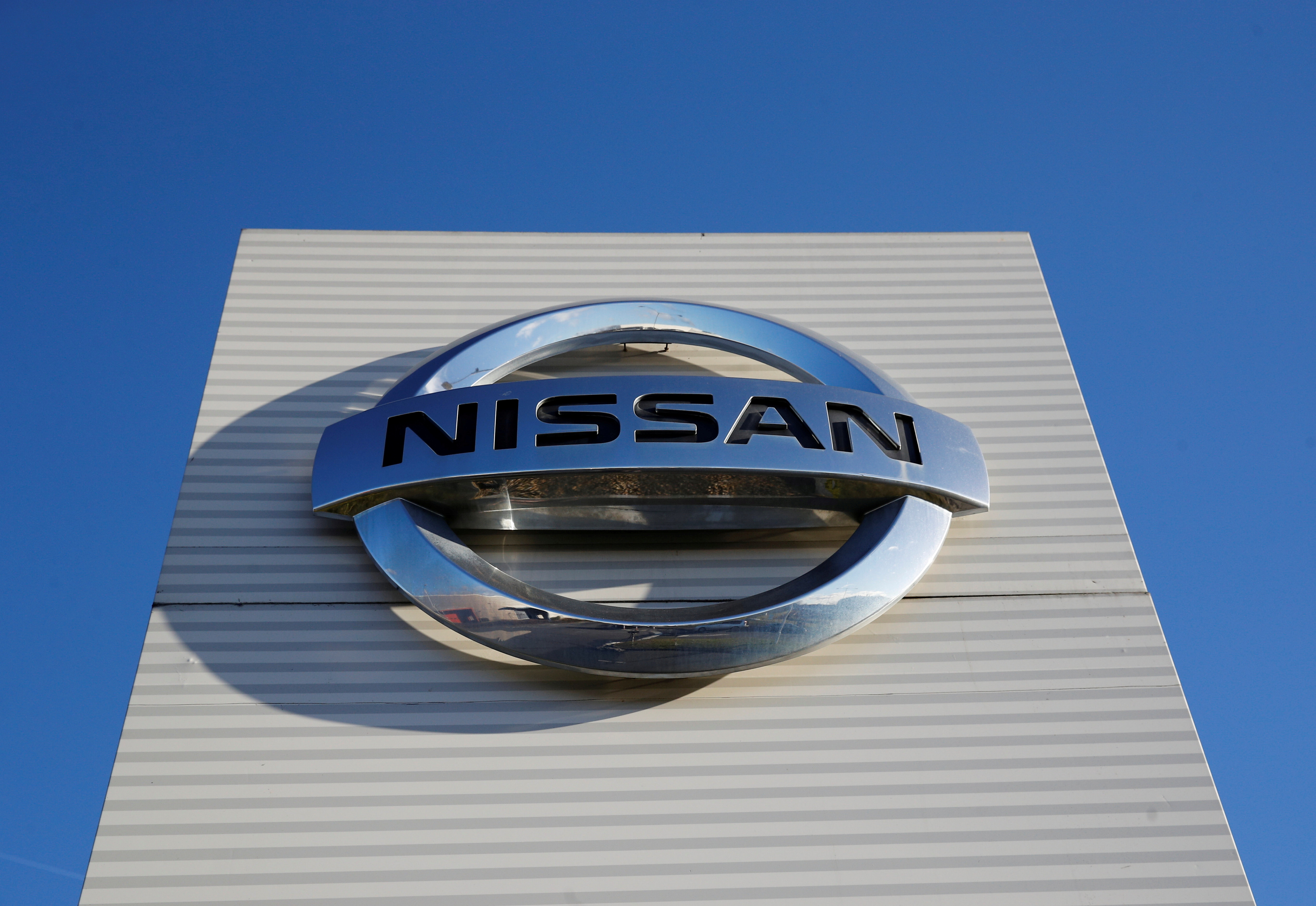 The Nissan logo is seen at Nissan car plant in Sunderland