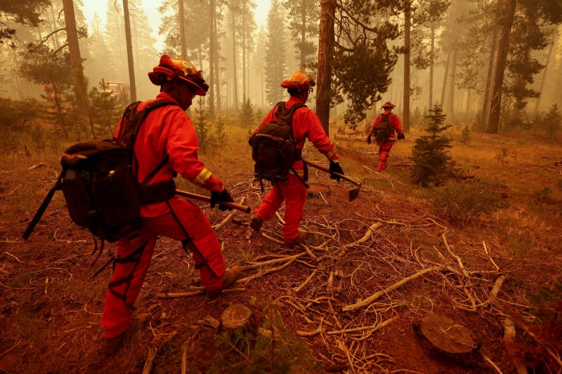 Inmate firefighters watch for spot fires of the Dixie Fire in Westwood