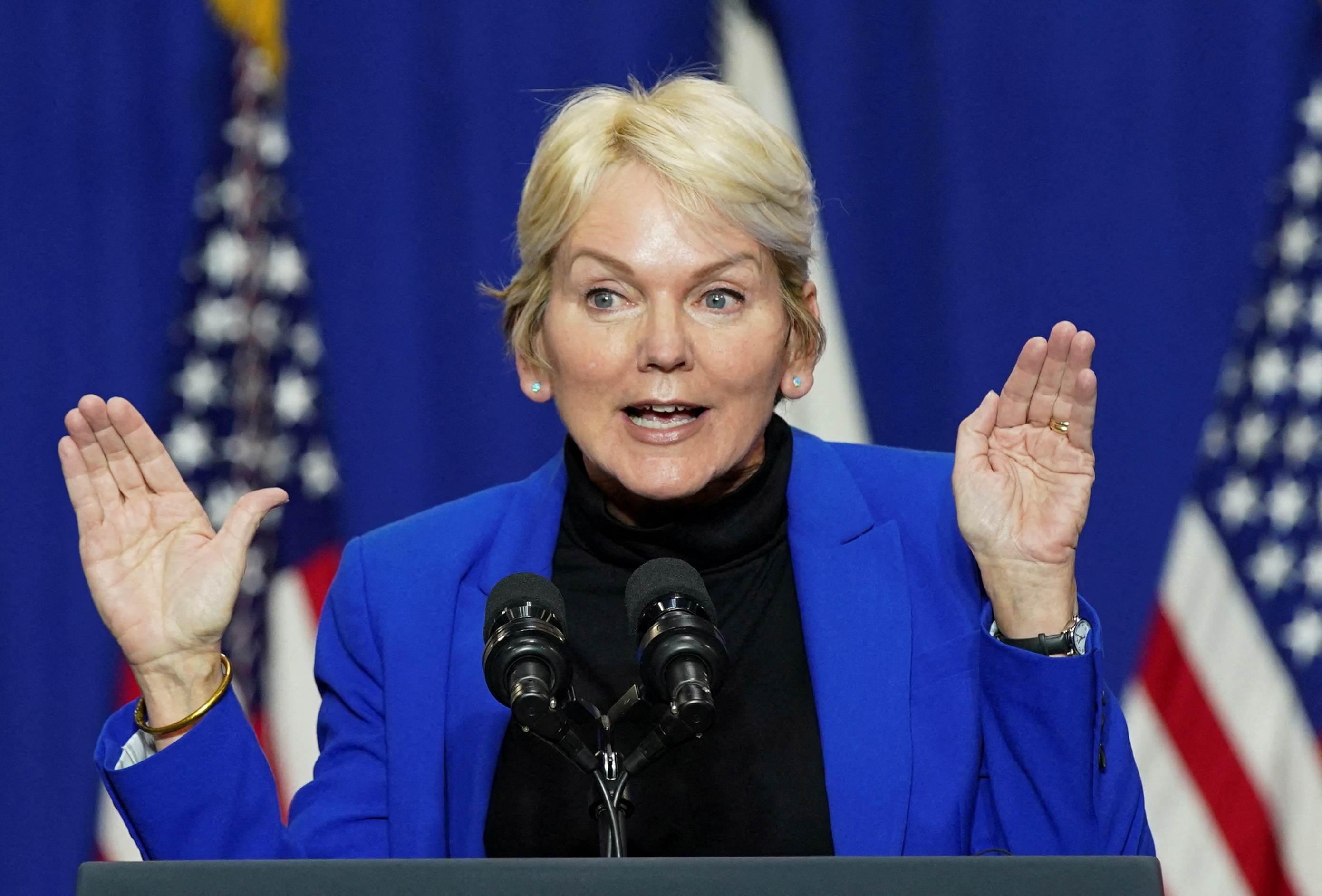 U.S. Energy Secretary Granholm speaks about the administration's electric vehicle charging action plan at an event in Maryland