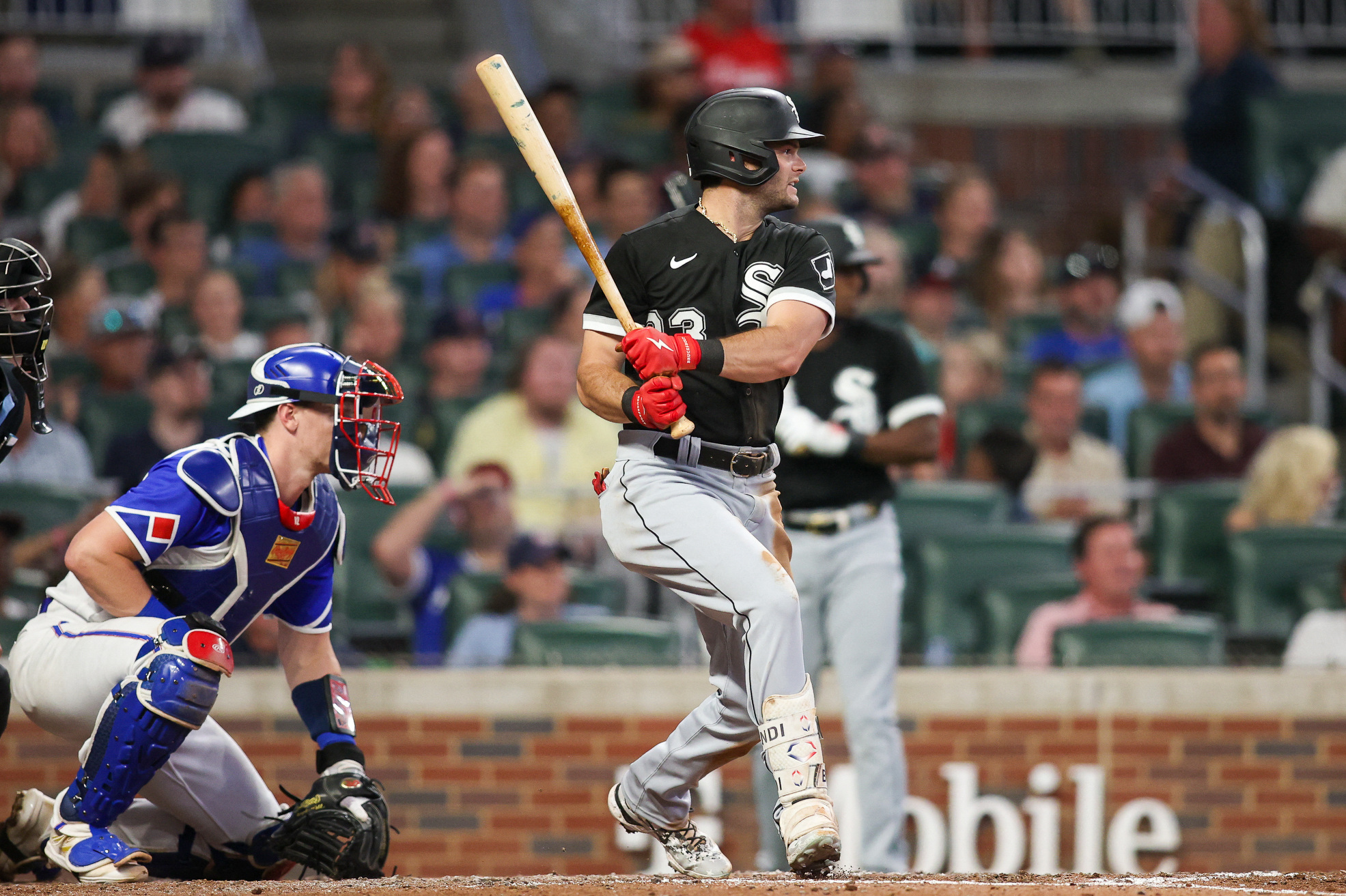 CHICAGO, IL - APRIL 06: Chicago White Sox left fielder Andrew Benintendi  (23) bats during an MLB game against the San Francisco Giants on April 06,  2023 at Guaranteed Rate Field in