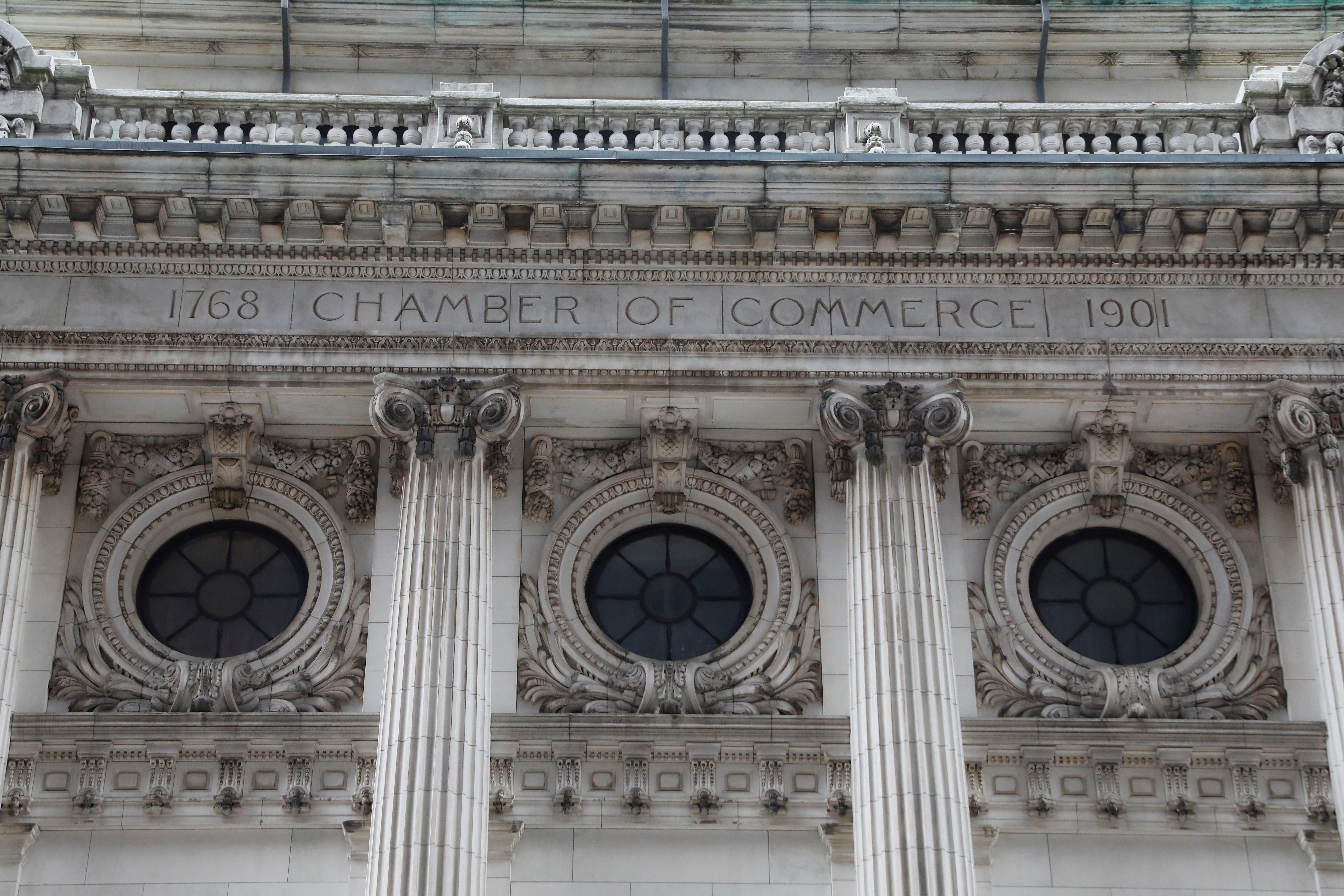Signage is seen on the Chamber Of Commerce Building in the Manhattan borough of New York City, New York