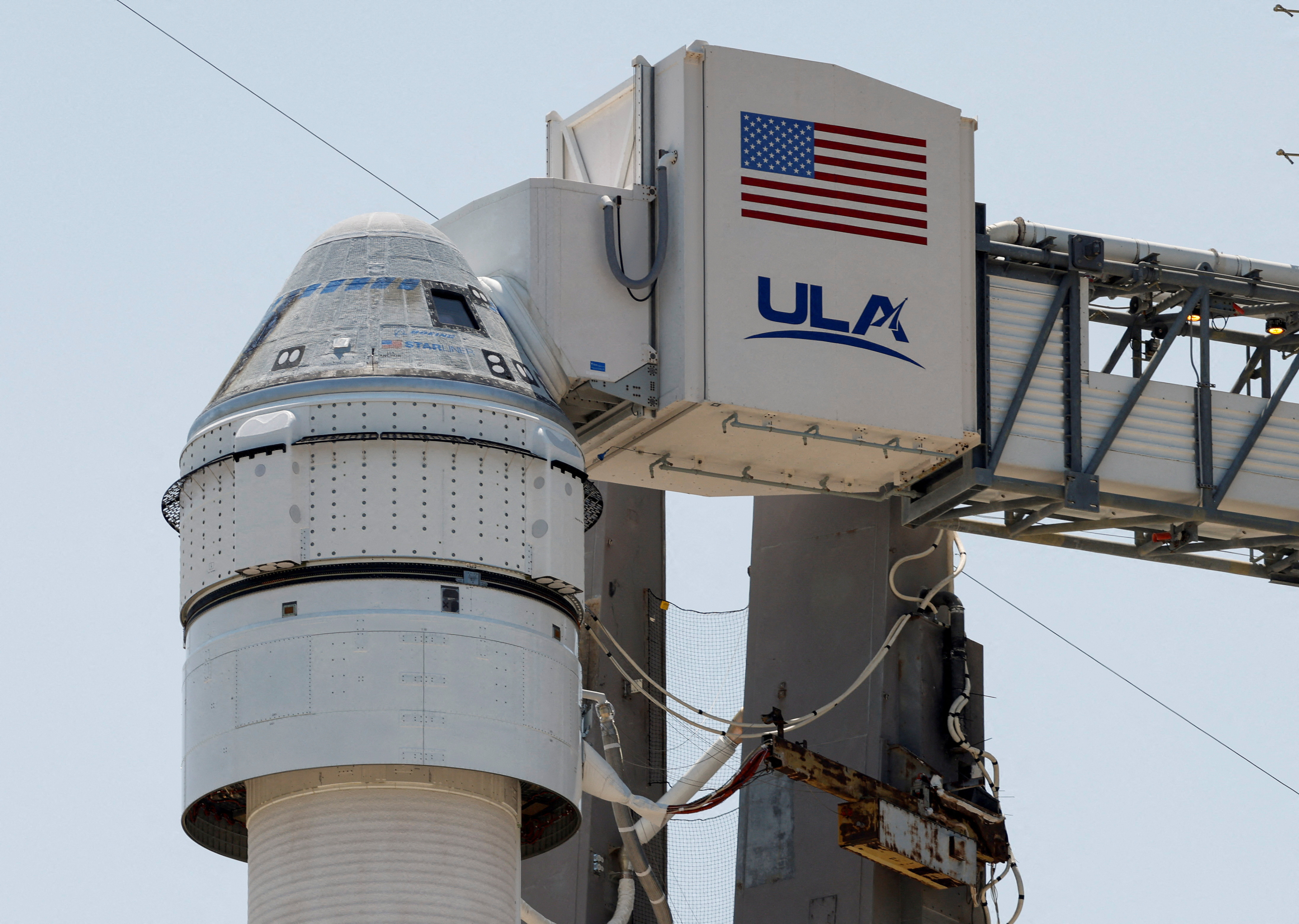 A United Launch Alliance Atlas V rocket stands on the pad after the launch of two astronauts aboard Boeing's Starliner-1 Crew Flight Test (CFT) was delayed, in Cape Canaveral