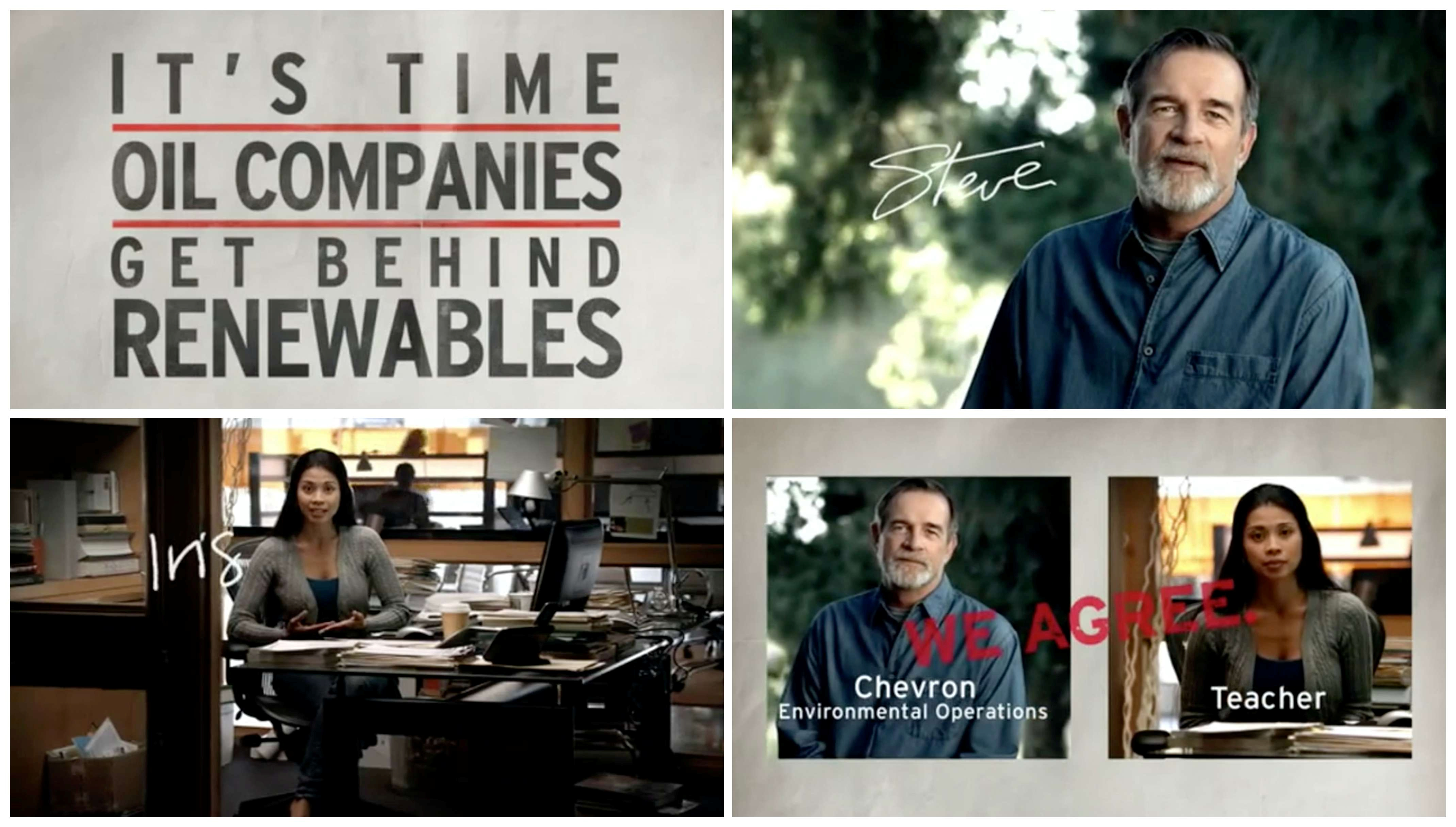 A combination picture shows screenshots from a TV advertisement created in 2010 as part of the 'We Agree' campaign by ad agency McGarryBowen for the oil company Chevron Corp.   via REUTERS  