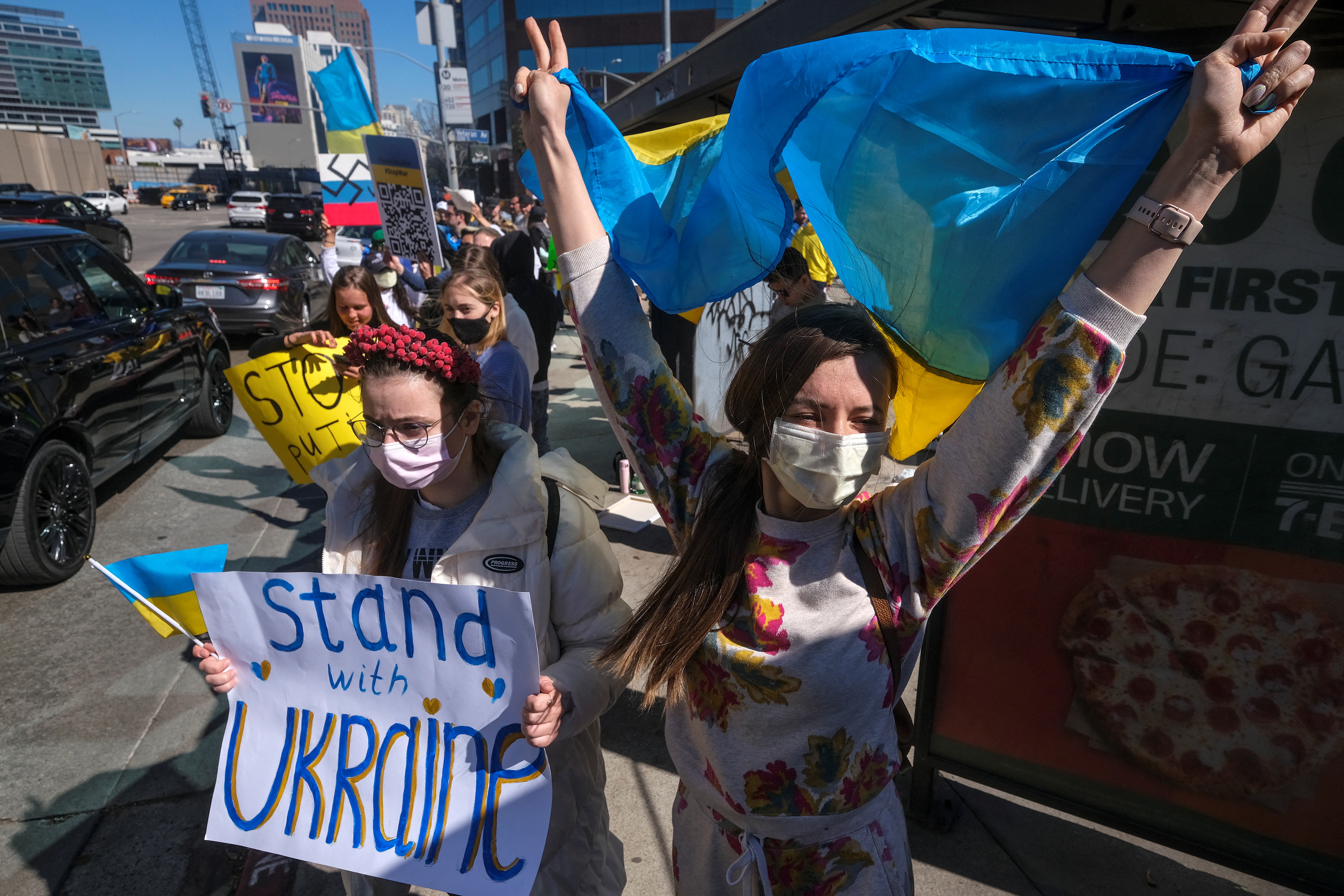 Ukrainian supporters demonstrate after Russia launched a massive military operation against Ukraine, in Los Angeles