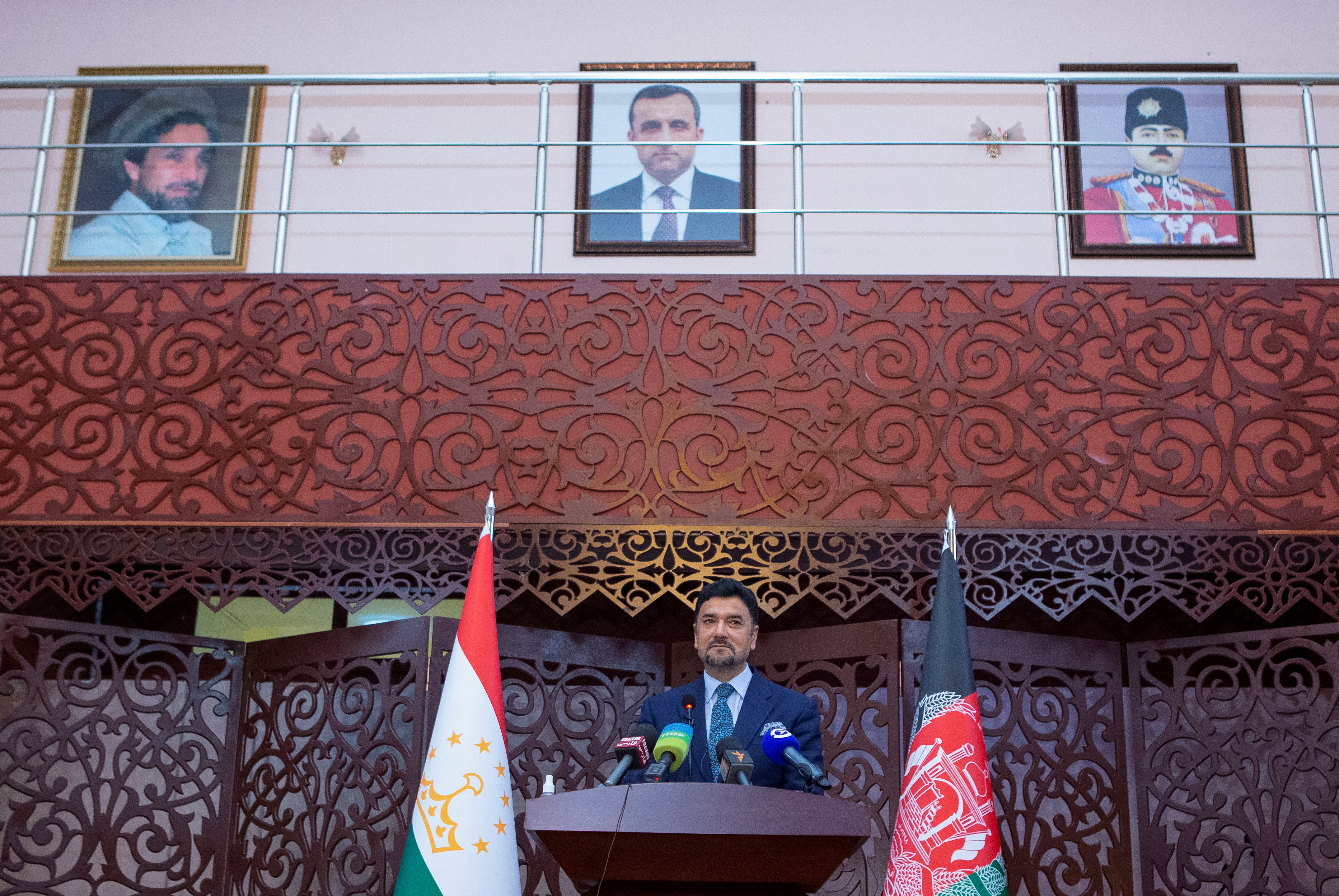 Afghan ambassador to Tajikistan Mohammad Zahir Aghbar attends a news conference at the embassy in Dushanbe