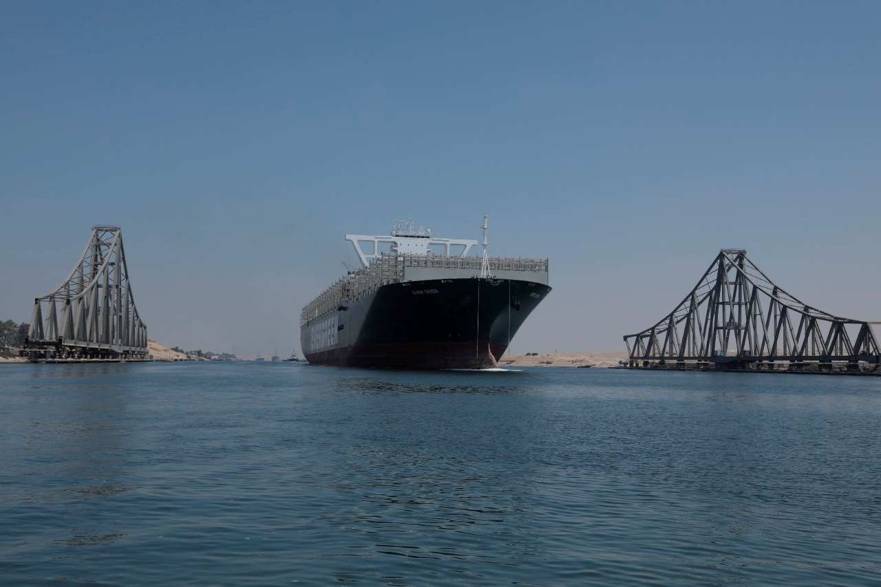 Ever Given sails through Suez Canal in Ismailia