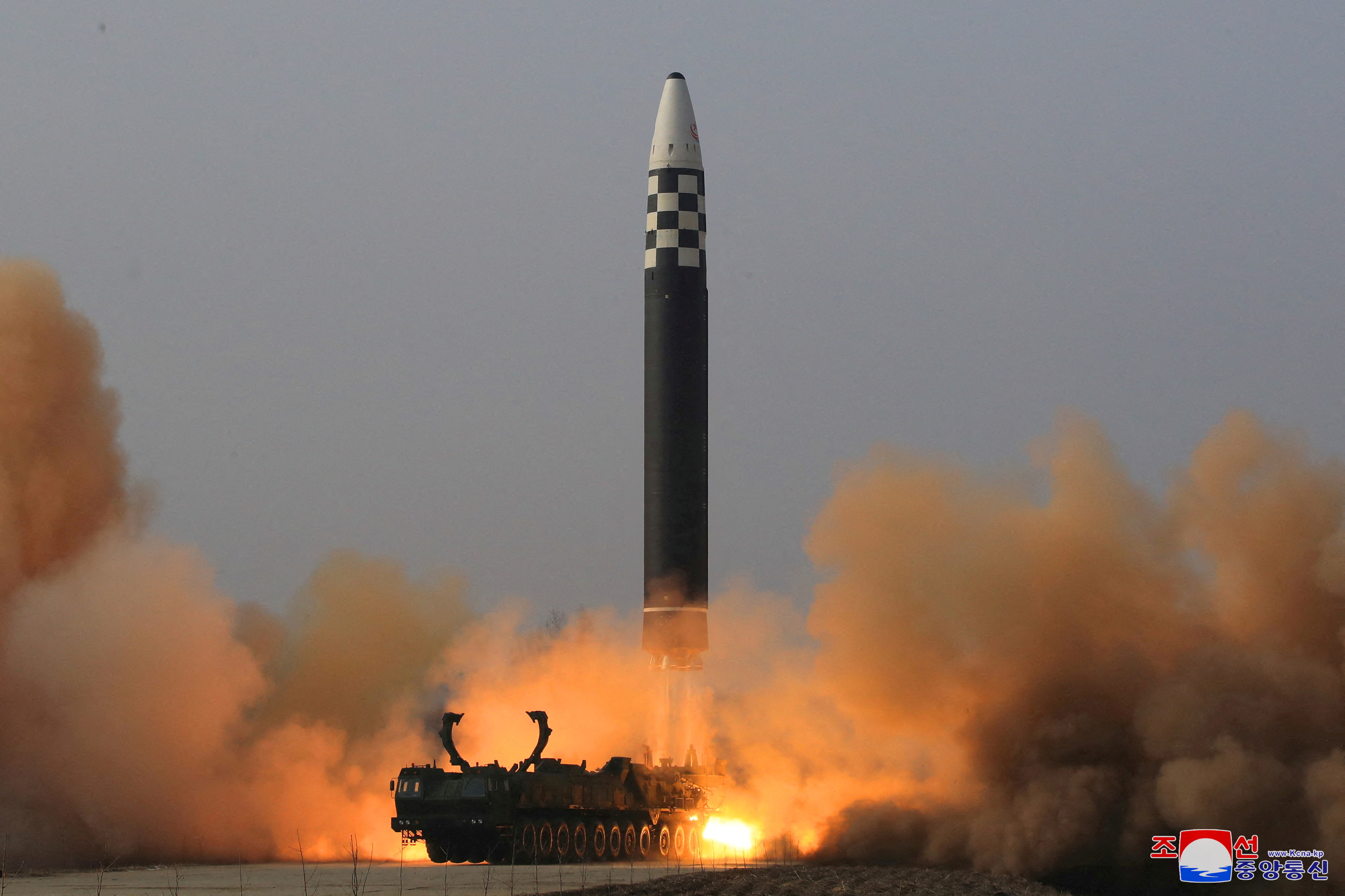 General view during the test firing of what state media report is a North Korean new type of intercontinental ballistic missile (ICBM)