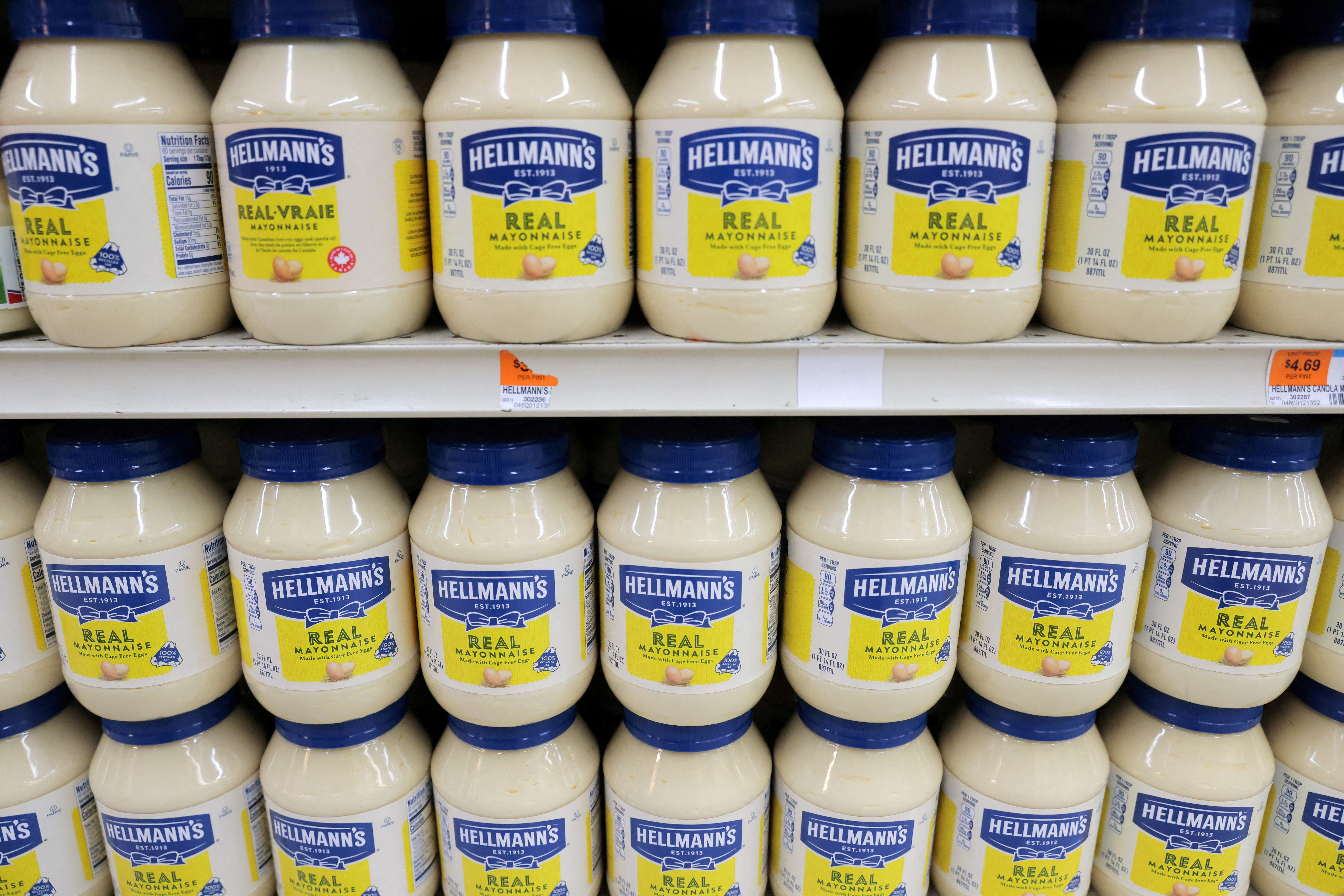 Hellmann's, a brand of Unilever, is seen on display in a store in Manhattan, New York City