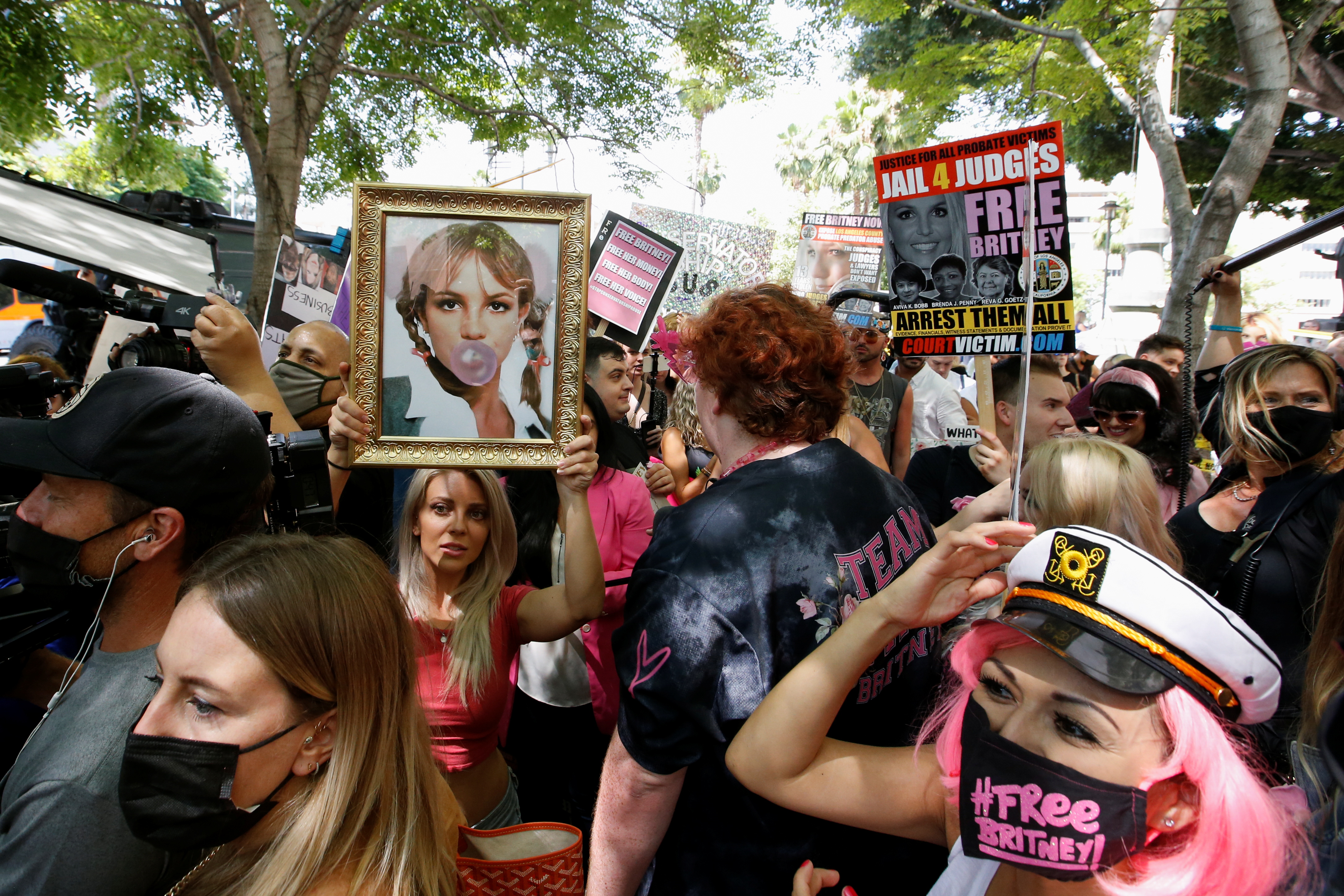 People protest in support of pop star Britney Spears on the day of a conservatorship case hearing at Stanley Mosk Courthouse in Los Angeles, California, U.S., July 14, 2021. REUTERS/Mario Anzuoni