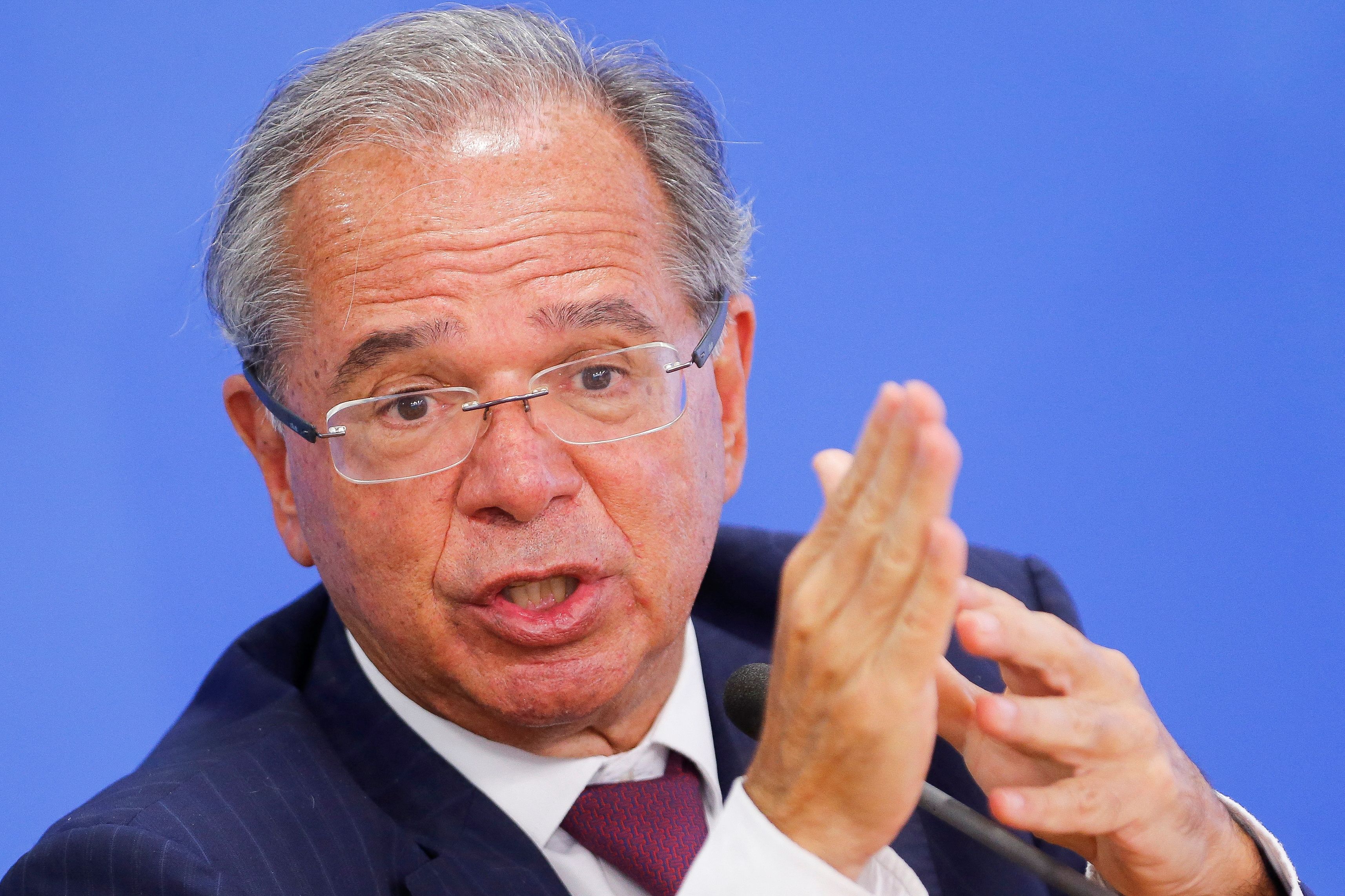 Brazil's Economy Minister Paulo Guedes addresses the media at the Planalto Palace in Brasilia