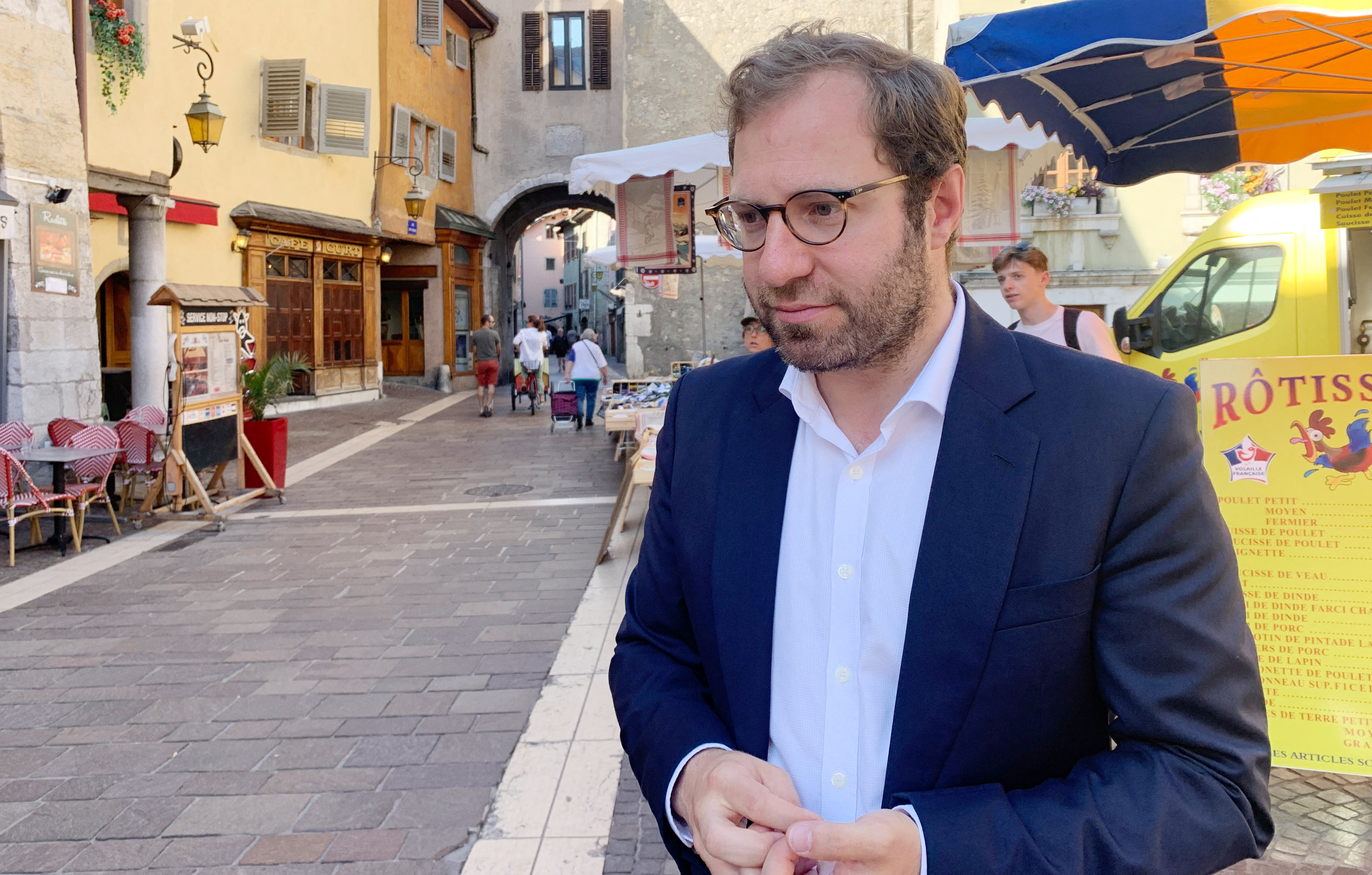 Armand, Renaissance candidate for the second constituency of Haute-Savoie, is seen during his campaign in Annecy