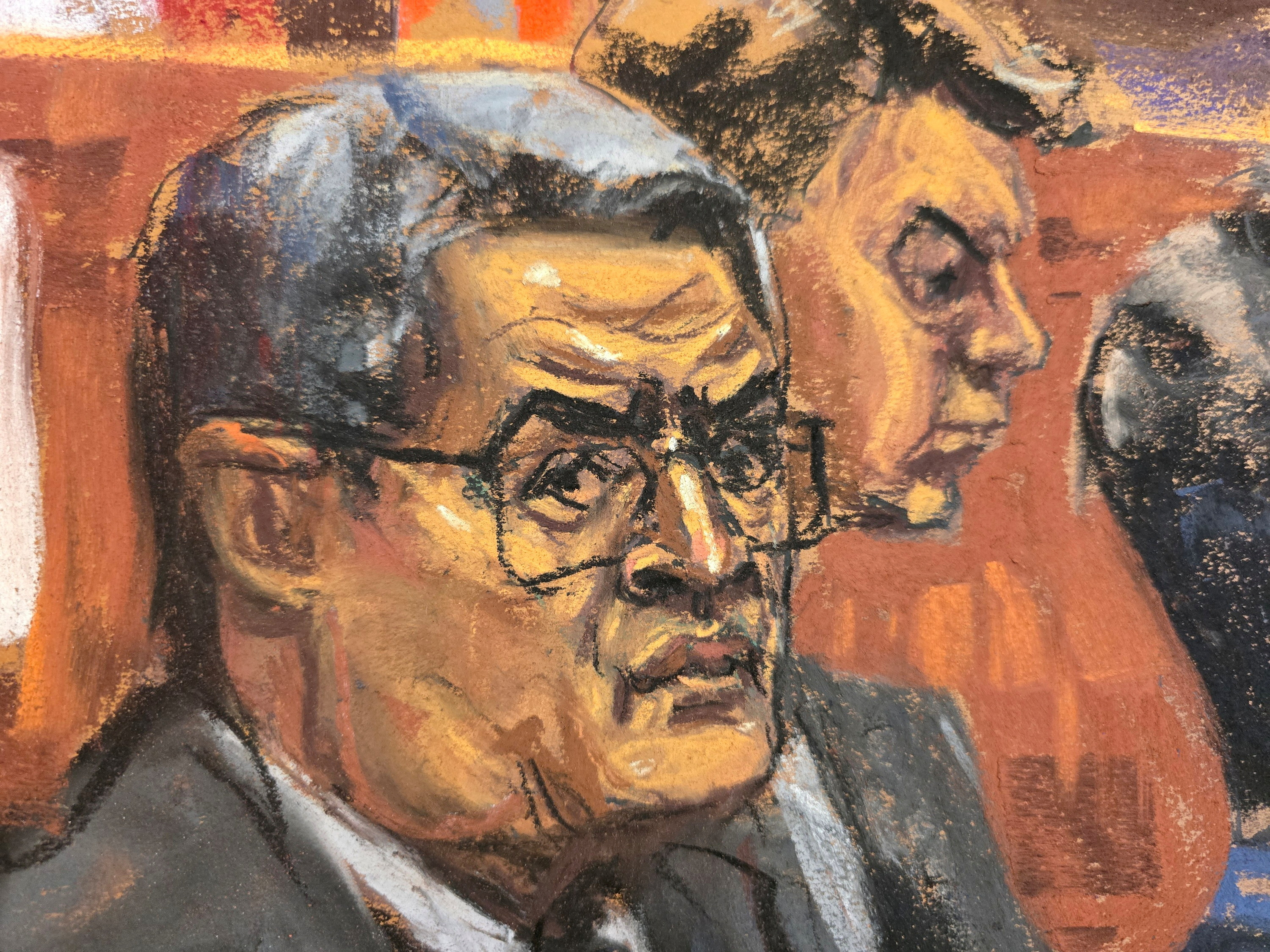 Honduras ex-President Hernandez is shown in a sketch at a trial