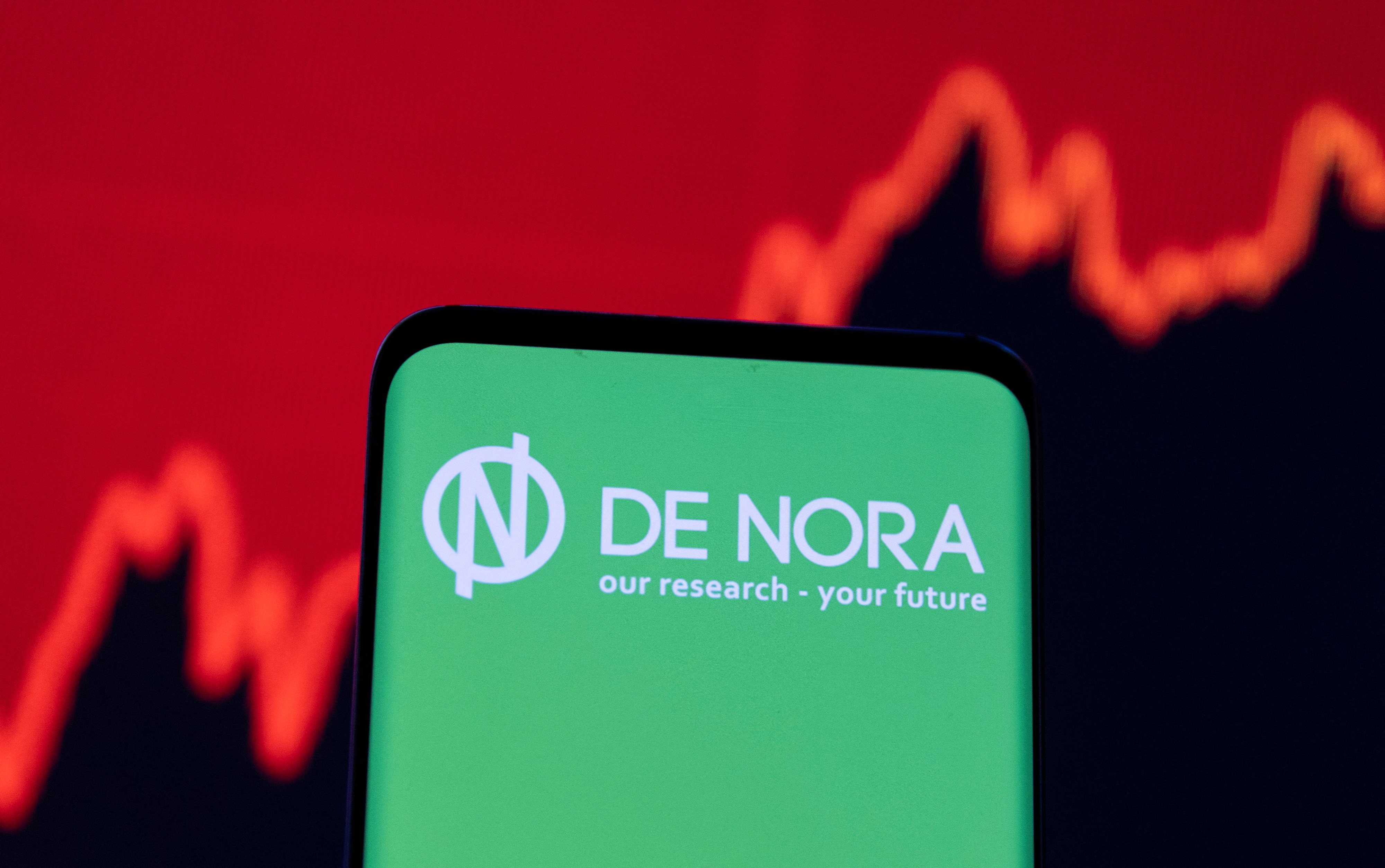 Illustration shows De Nora logo and stock graph