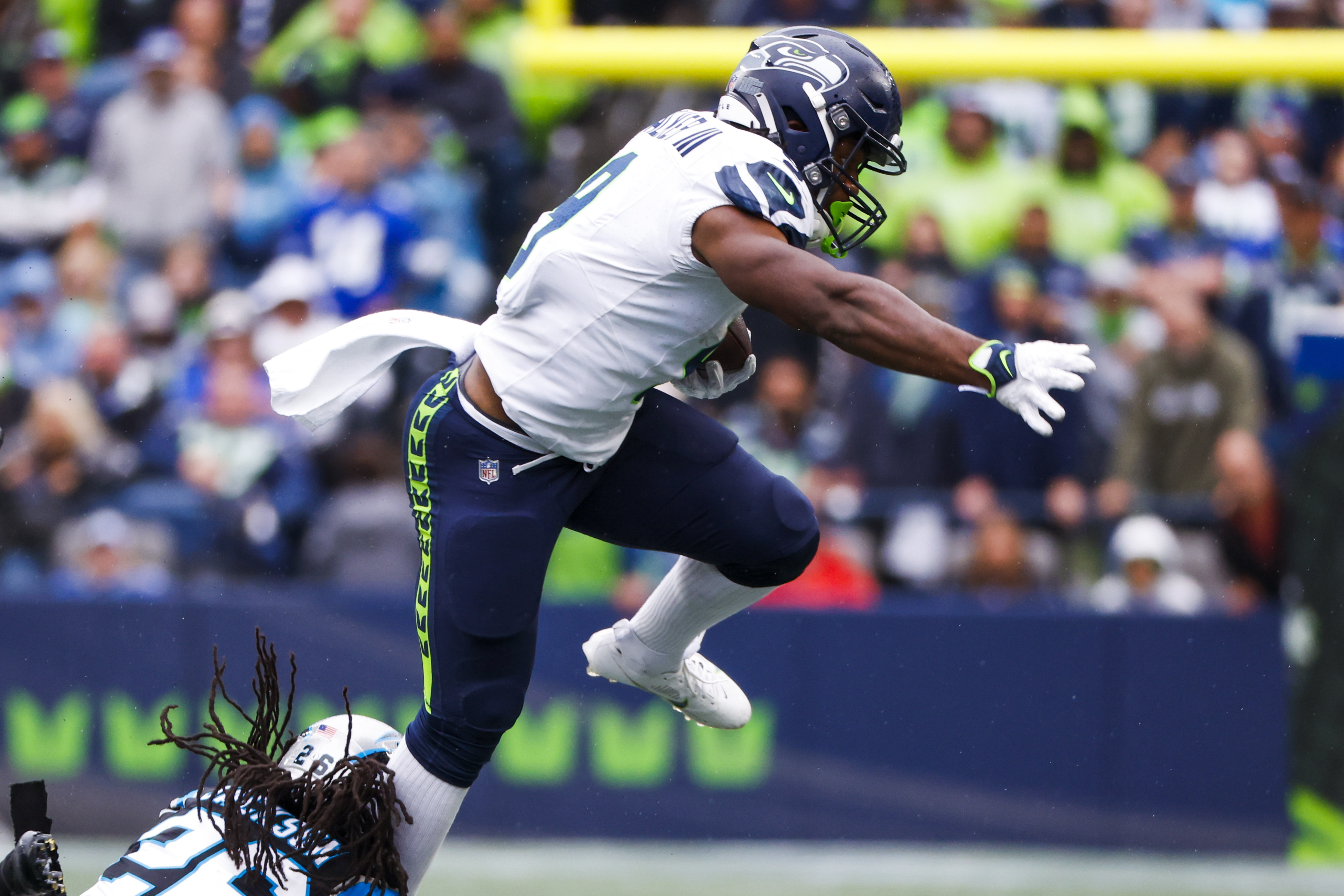 Seattle Seahawks quarterback Jake Luton passes the ball during warmups  before an NFL football game against