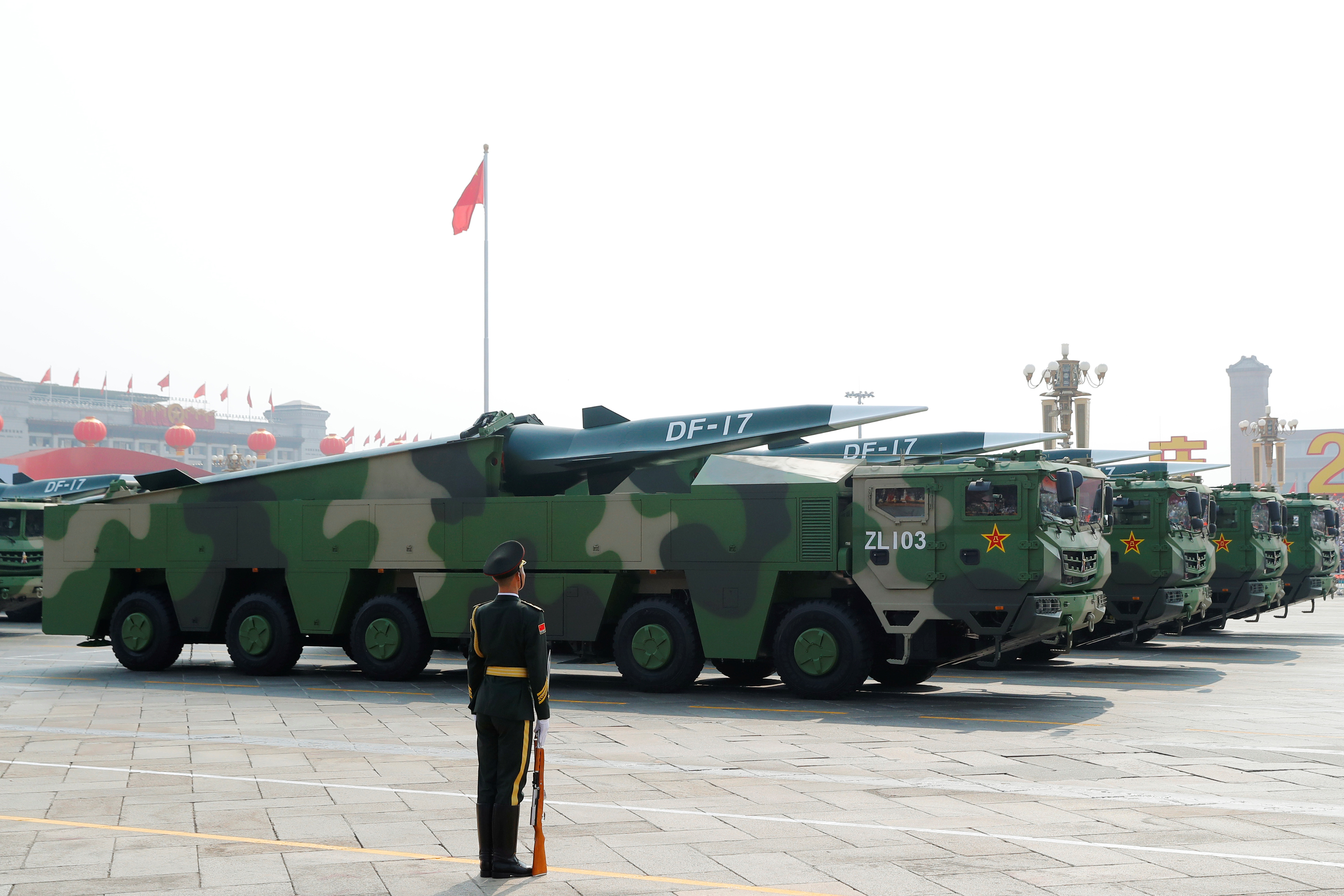 Military vehicles carrying hypersonic missiles DF-17 drive past Tiananmen Square during the military parade marking the 70th founding anniversary of People's Republic of China, on its National Day in Beijing, China October 1, 2019.  REUTERS/Thomas Peter