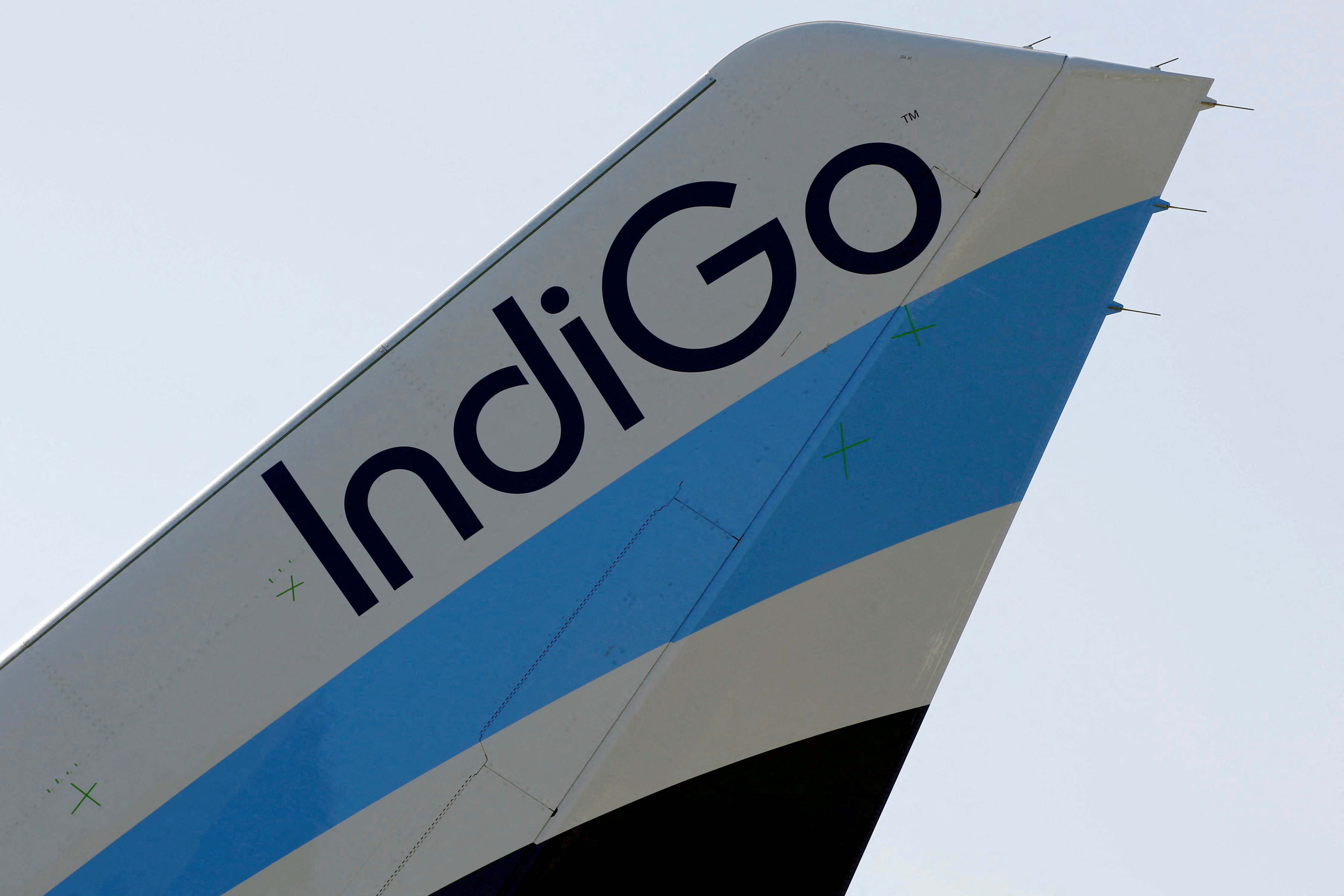 The logo of IndiGo Airlines is pictured on a passenger aircraft on the tarmac in Colomiers near Toulouse