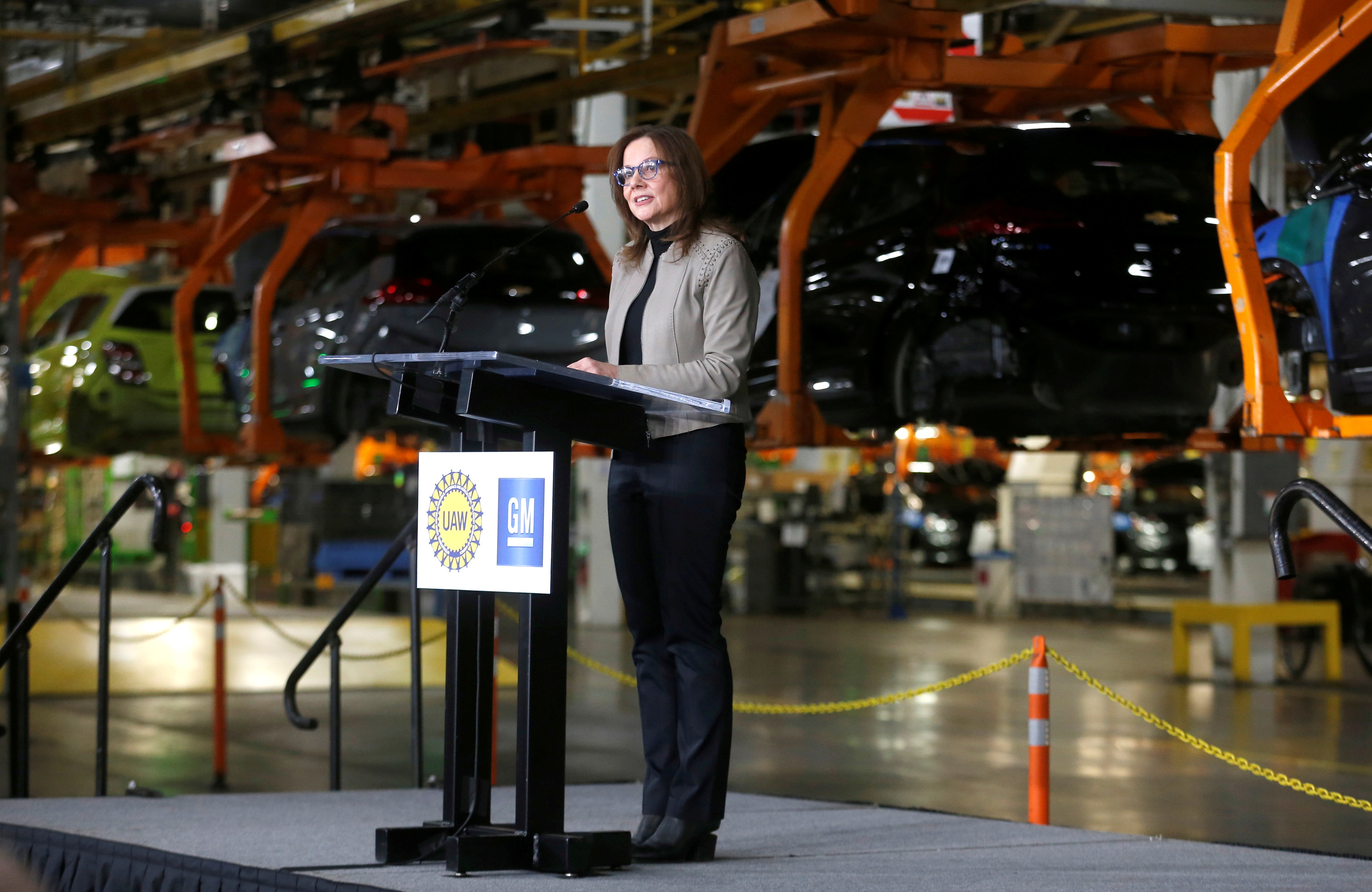 General Motors Chief Executive Officer Mary Barra announces a major investment focused on the development of GM future technologies at the GM Orion Assembly Plant in Lake Orion,