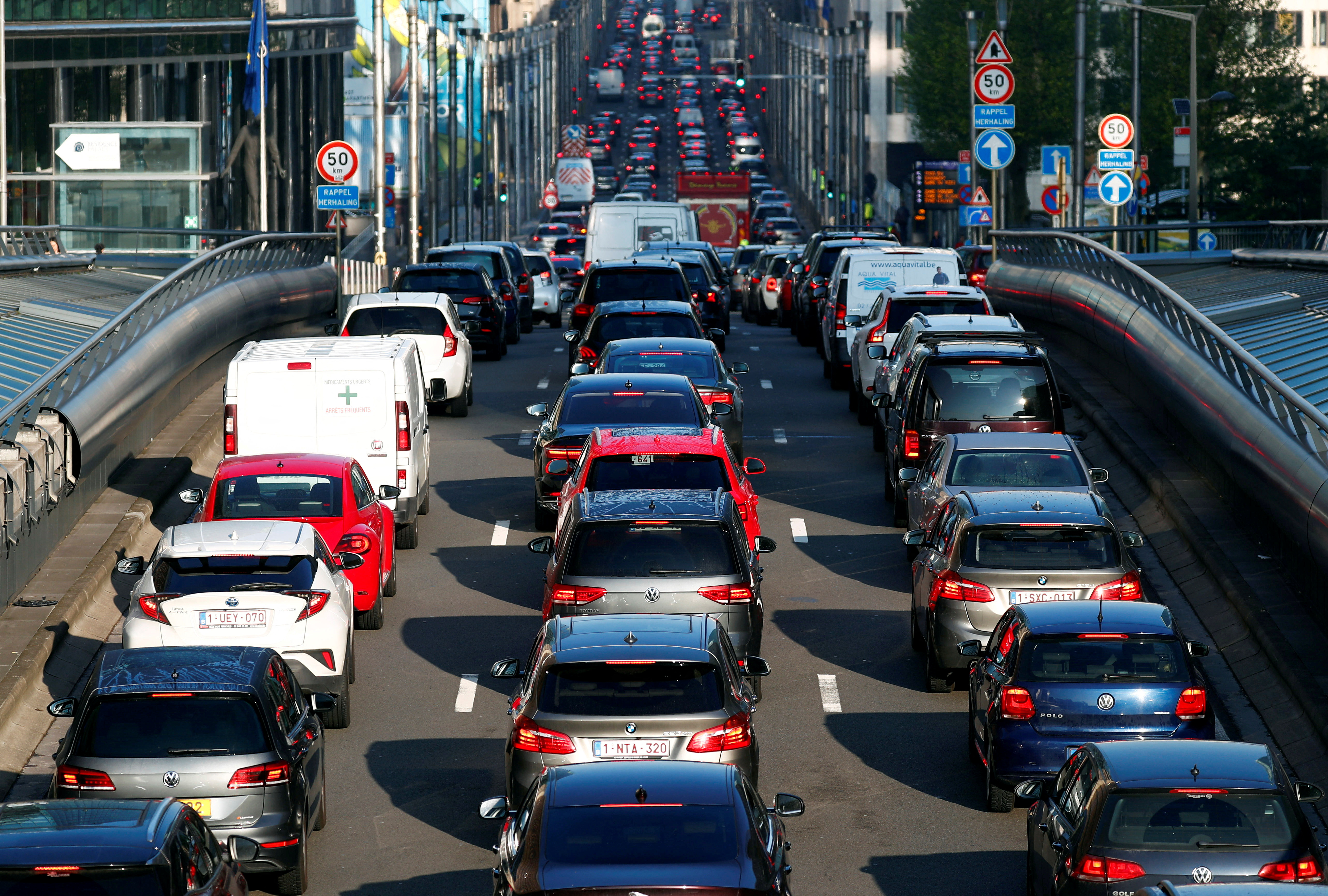 Cars are seen stuck in a traffic jam in central Brussels