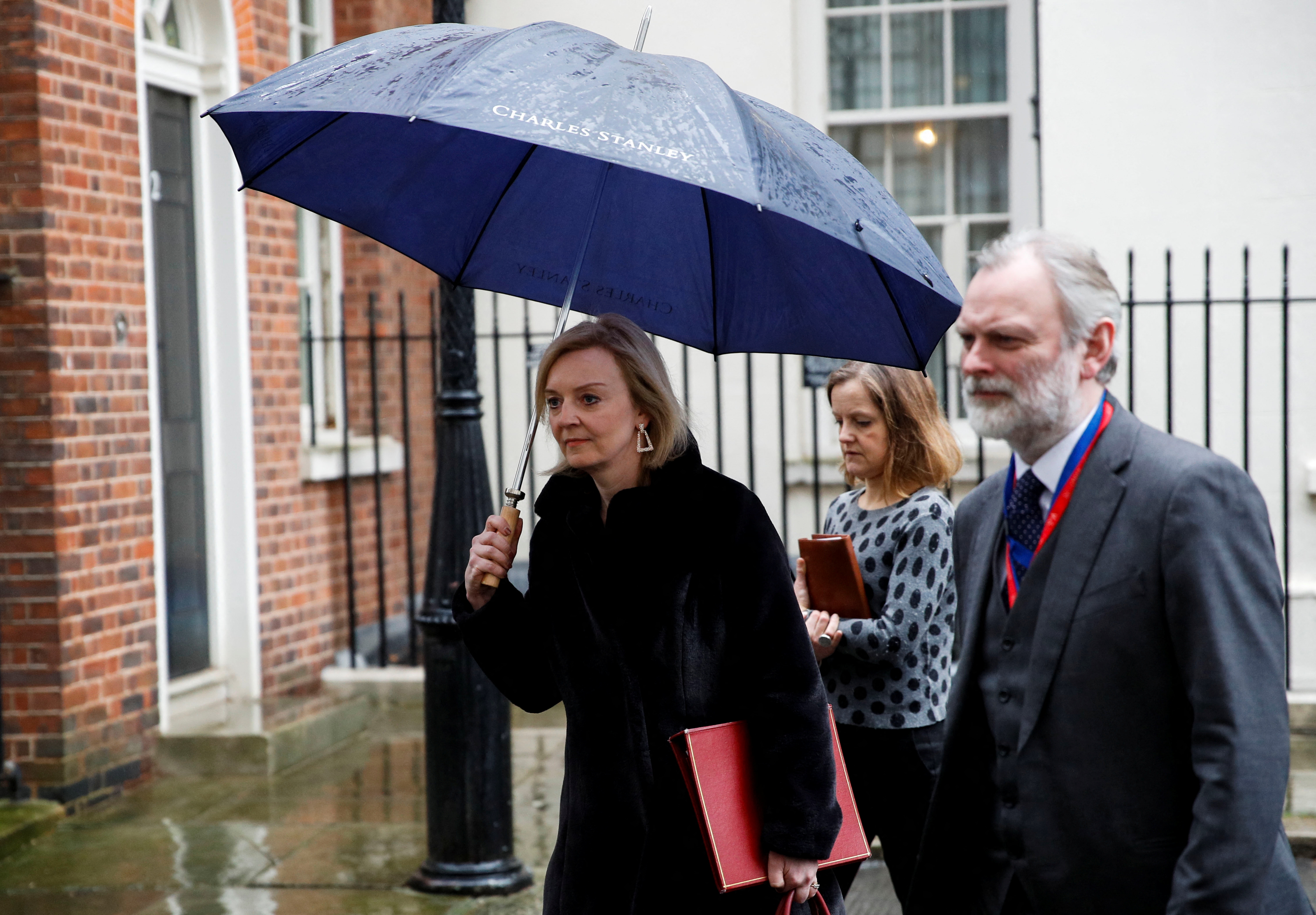 British Foreign Secretary Liz Truss leaves Downing Street after a COBR meeting to discuss the consular response to the crisis in Ukraine