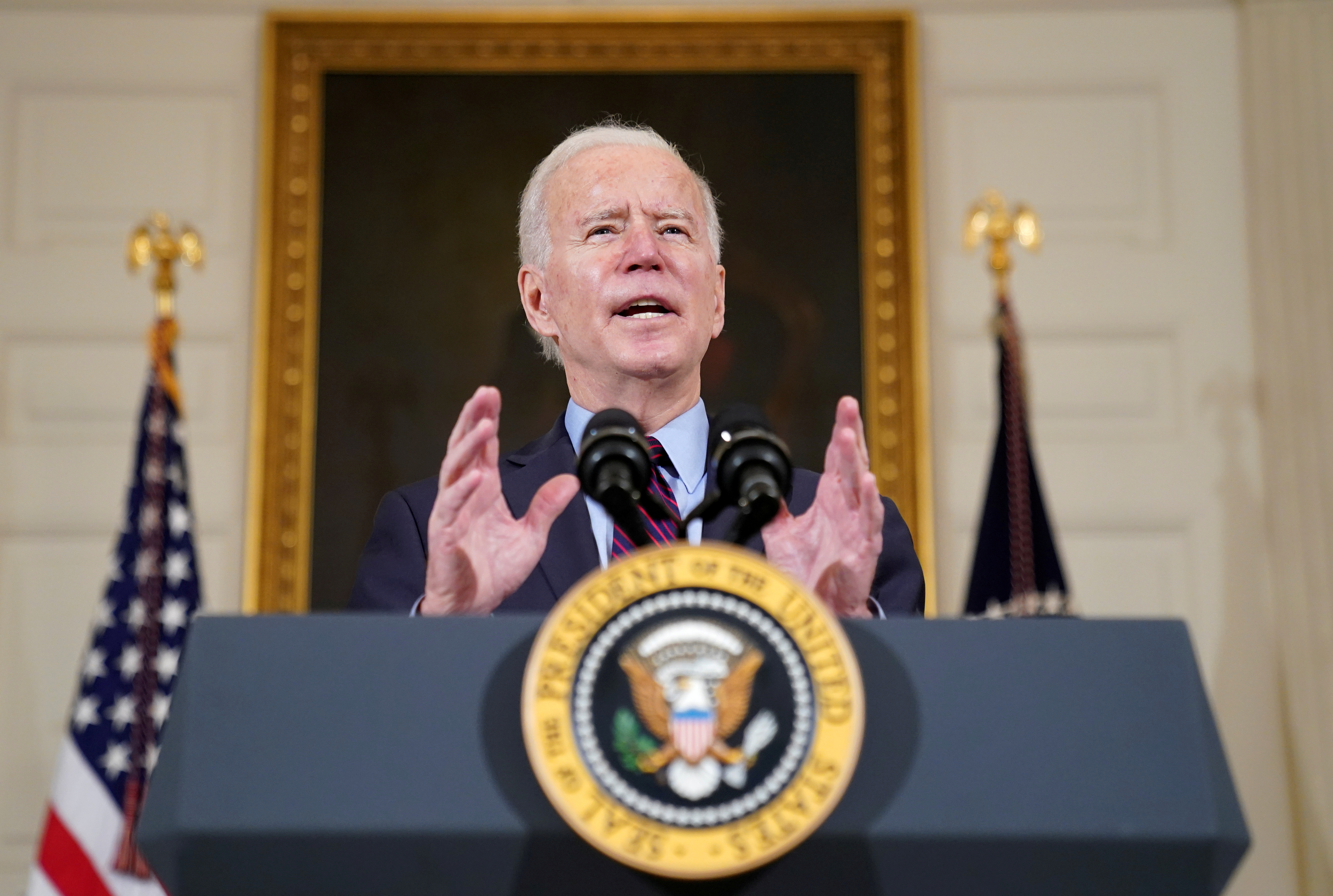 U.S. President Biden speaks about the economy and need to pass coronavirus aid legislation at the White House in Washington