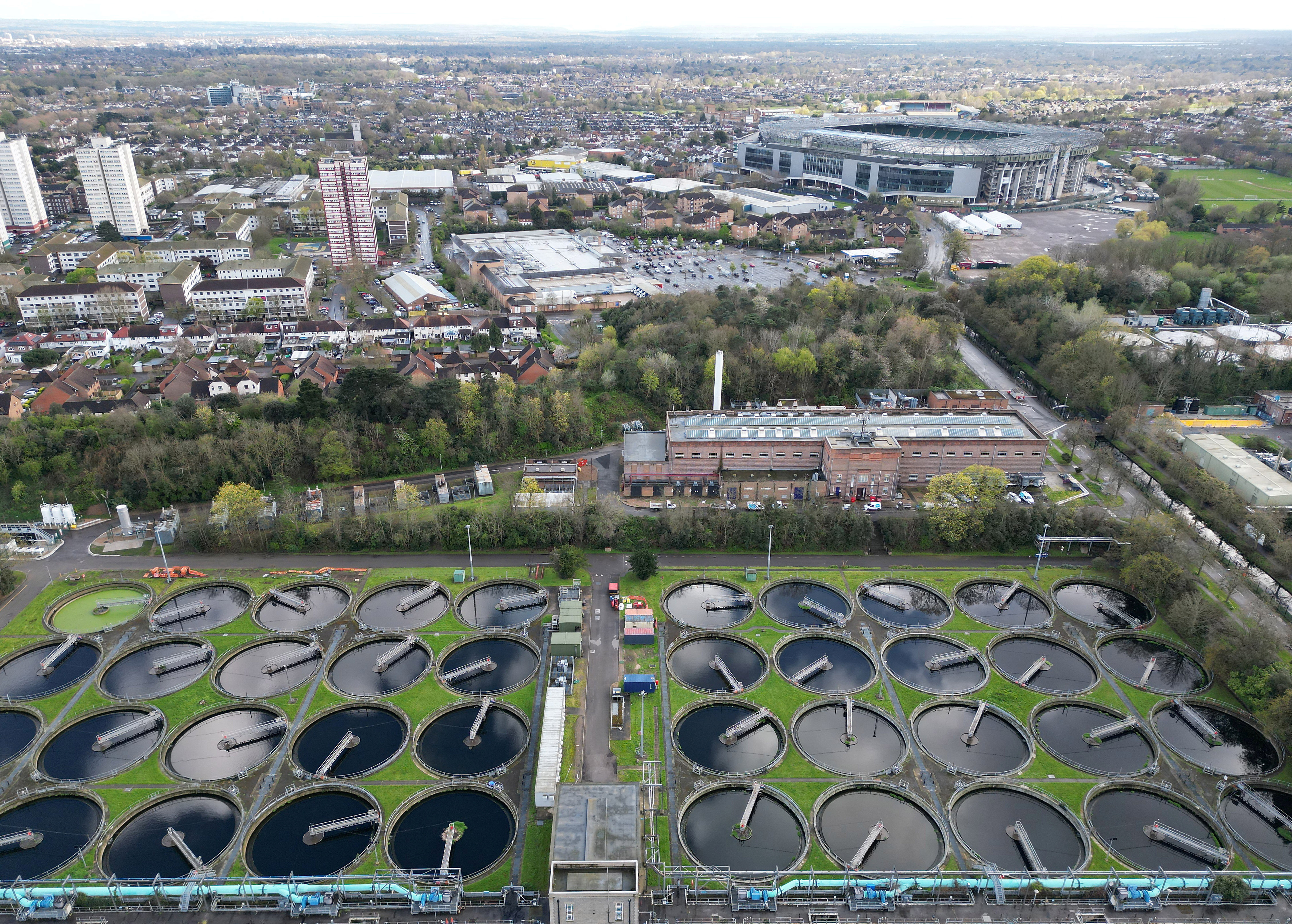 A drone view shows Mogden sewage treatment works, owned by Thames Water, in west London