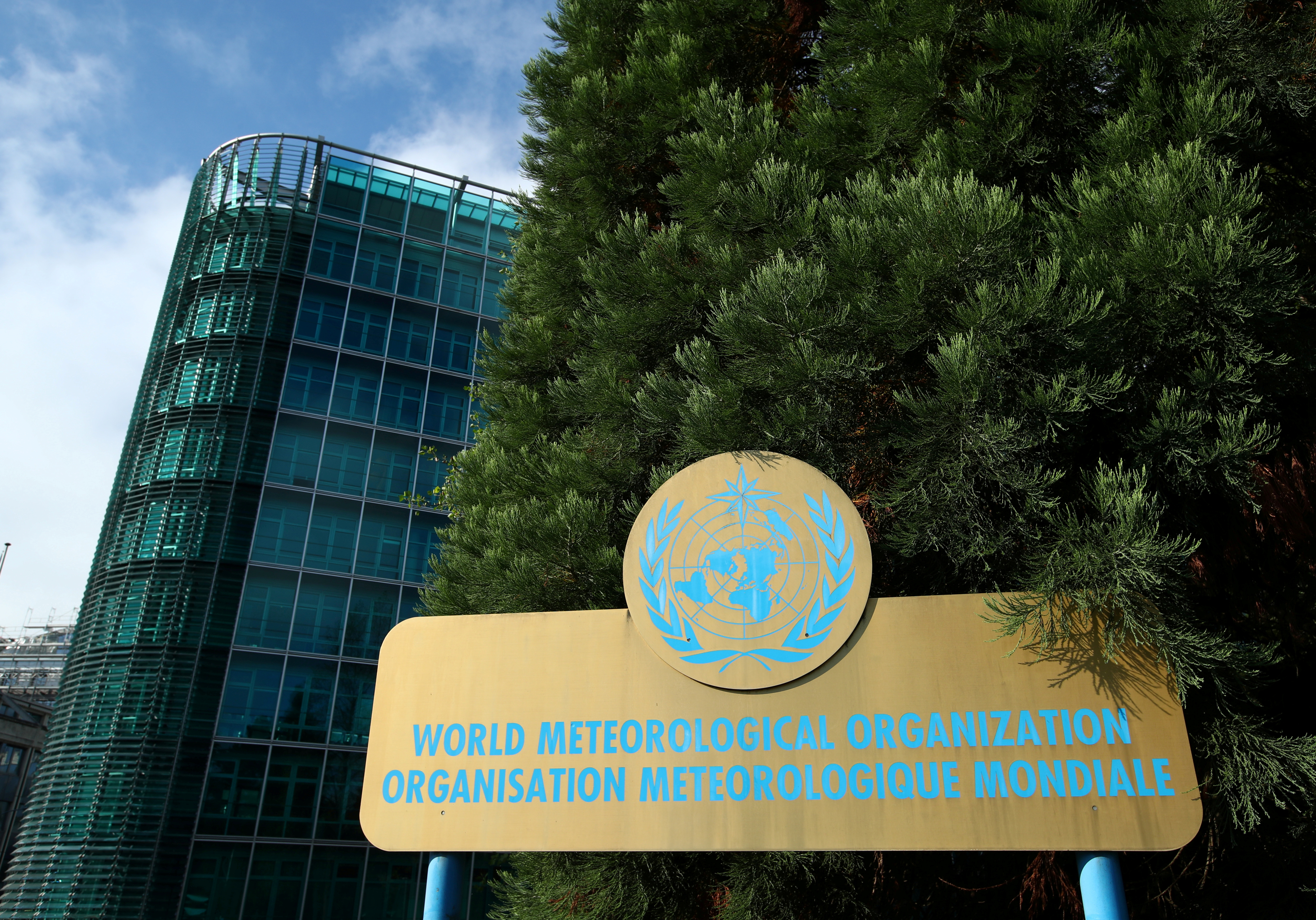 The headquarters of the WMO are pictured before a news conference in Geneva