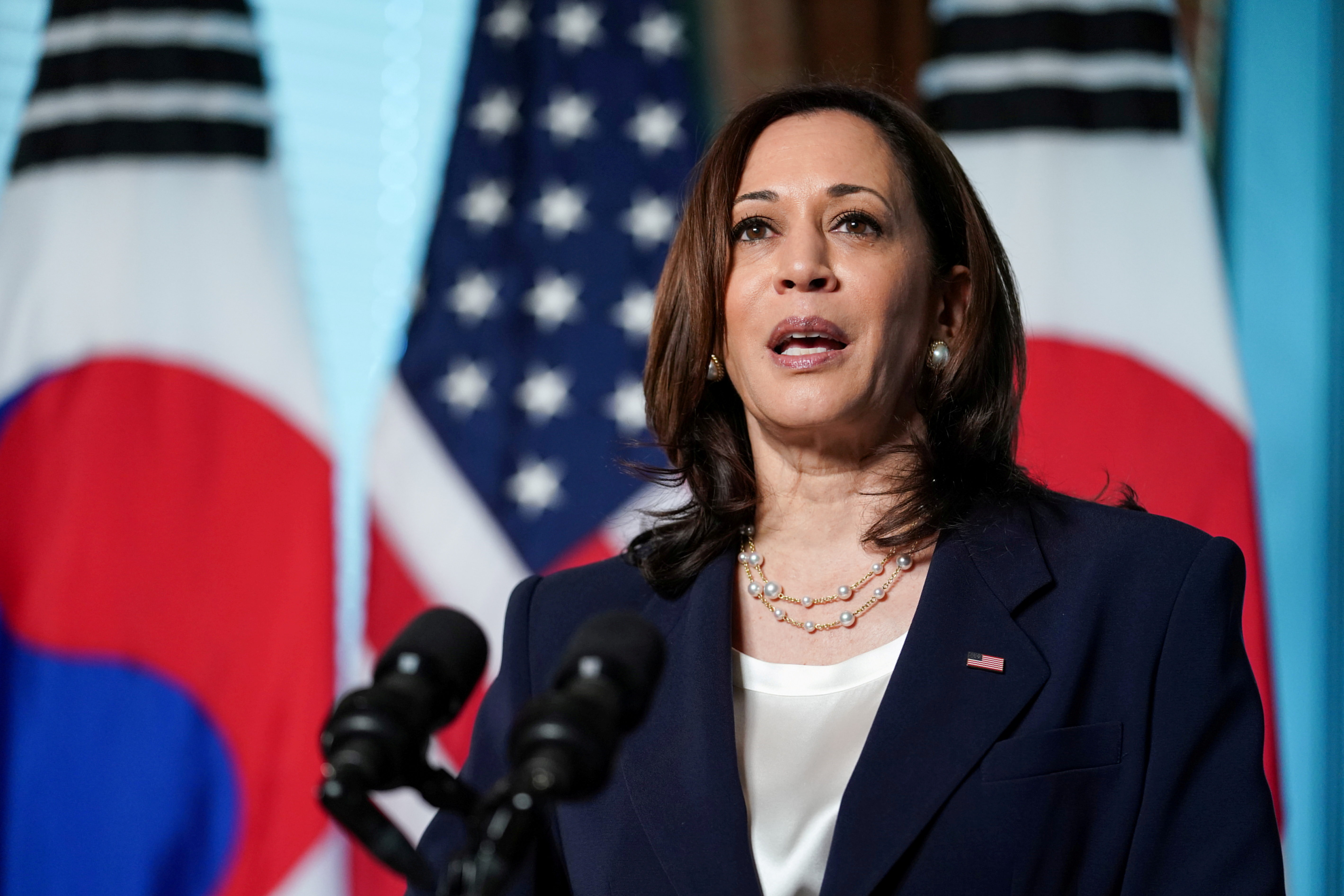 U.S. Vice President Kamala Harris delivers remarks before participating in a bilateral meeting with South Korean President Moon Jae-in at the Eisenhower Executive Office Building near the White House in Washington, U.S., May 21, 2021. REUTERS/Sarah Silbiger/File Photo