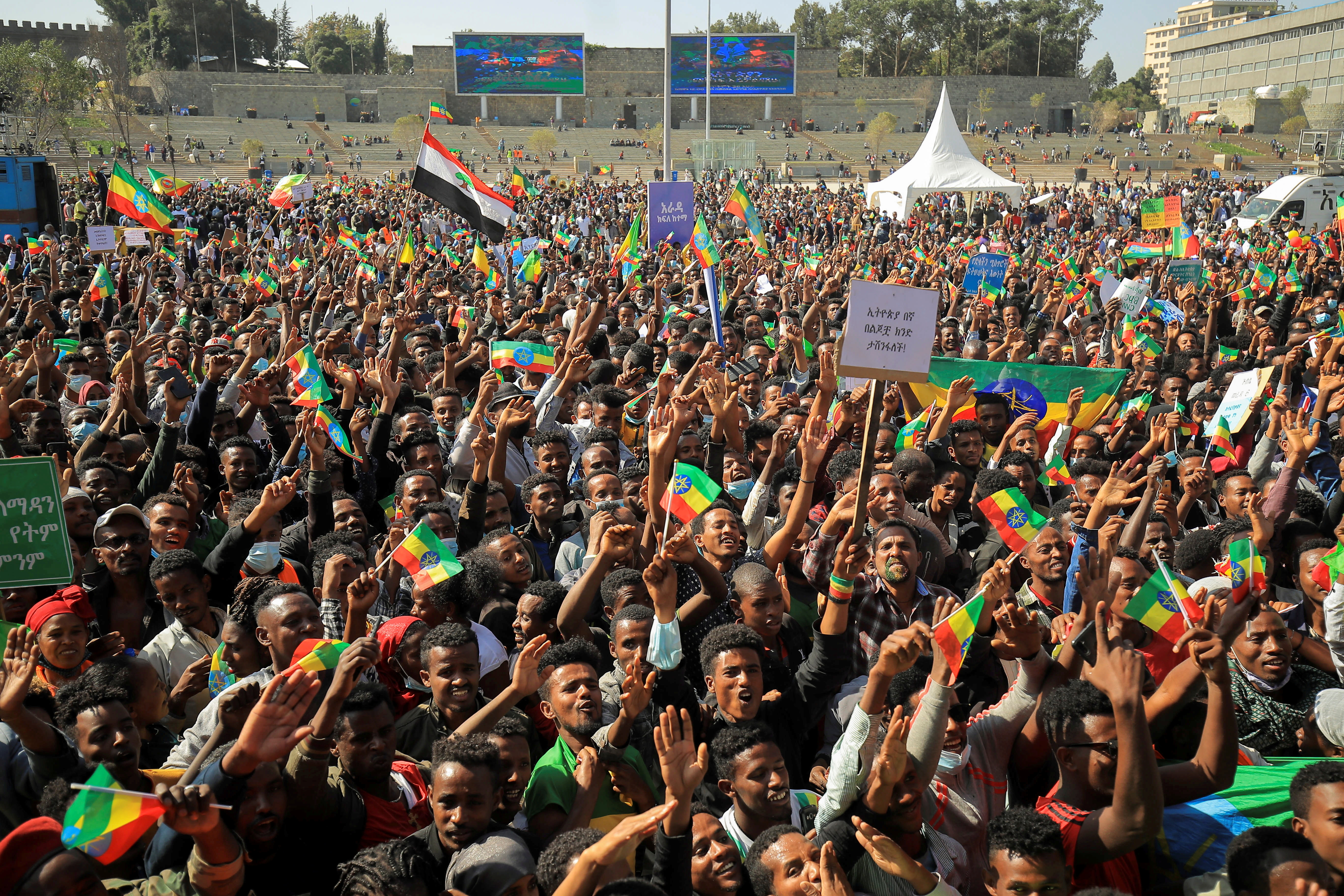Civilians attend a pro-government rally to denounce what the organisers say is the Tigray People’s Liberation Front (TPLF) and the Western countries' interference in internal affairs of the country, at Meskel Square in Addis Ababa, Ethiopia, November 7, 2021. REUTERS/Tiksa Negeri