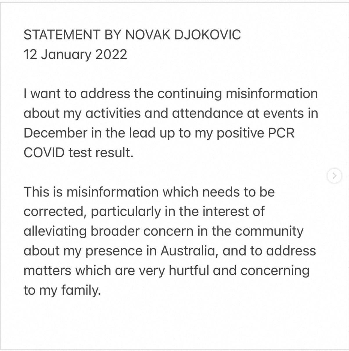 The first slide of a statement published by Serbian tennis player Novak Djokovic on his Instagram account is seen in this screen shot obtained from social media, January 12, 2022. Instagram/DjokerNole/via REUTERS 