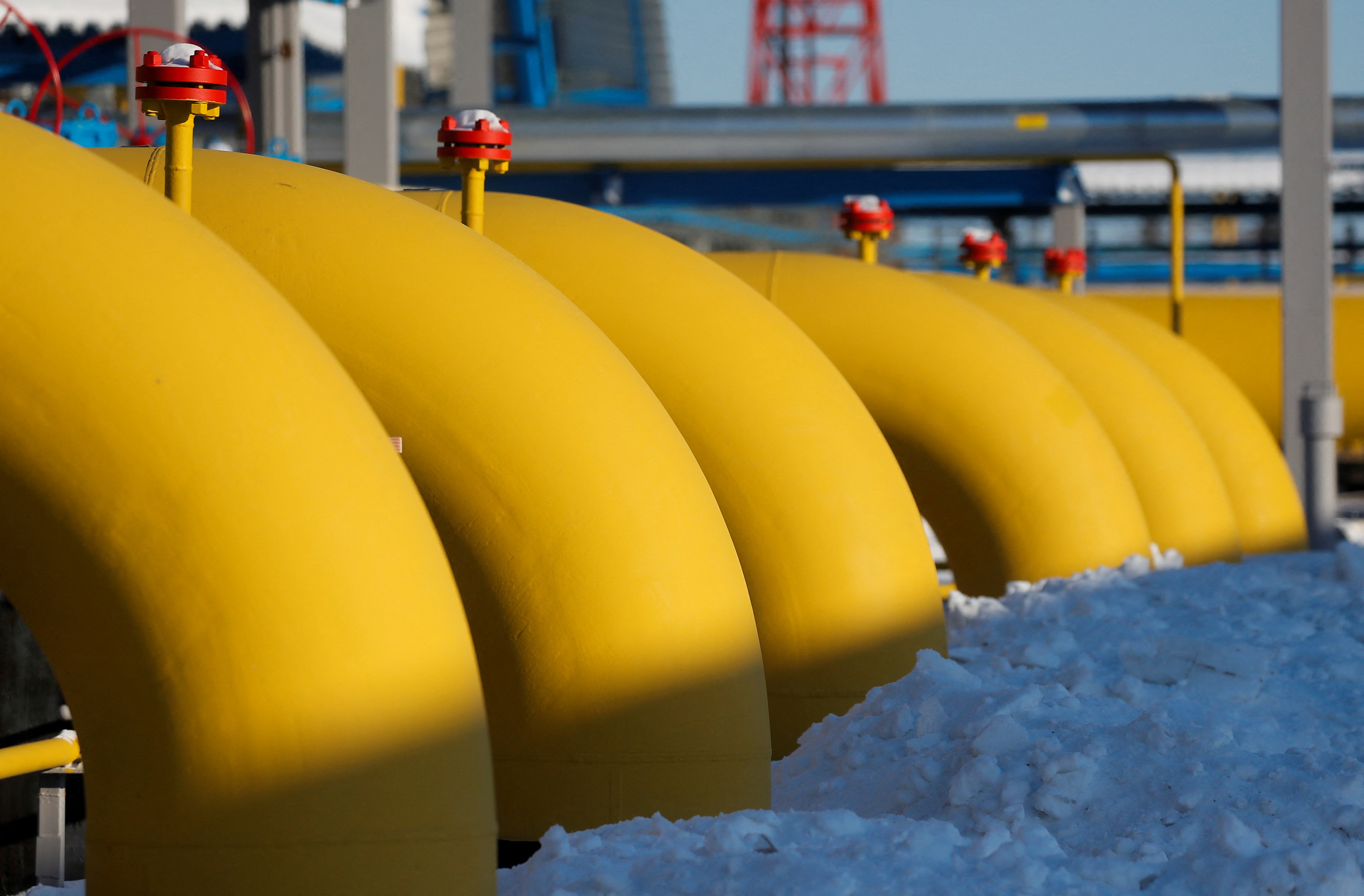 Gas pipelines are pictured at the Atamanskaya compressor station, part of Gazprom's Power Of Siberia project outside the far eastern town of Svobodny