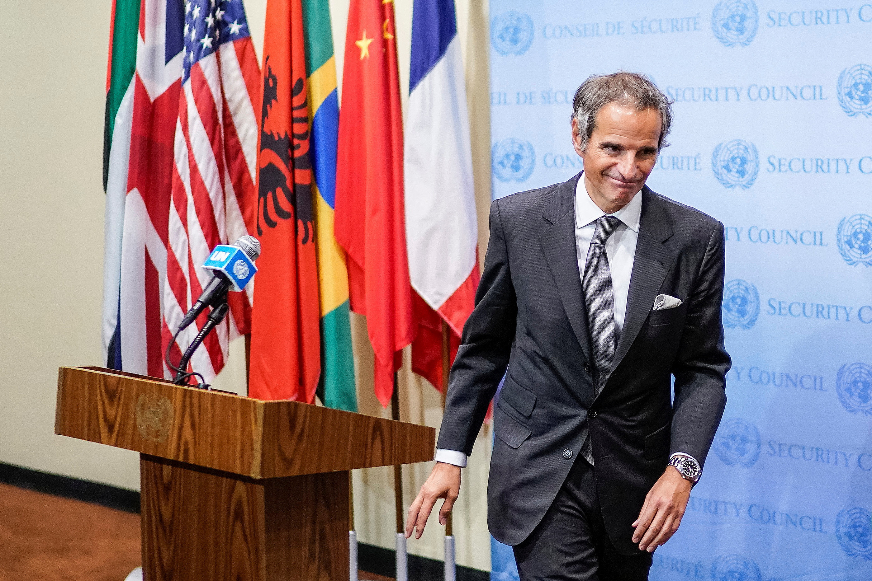 The Director General of the International Atomic Energy Agency (IAEA), Rafael Mariano Grossi exits the podium after giving his remarks to the media at the United Nations headquarters in New York