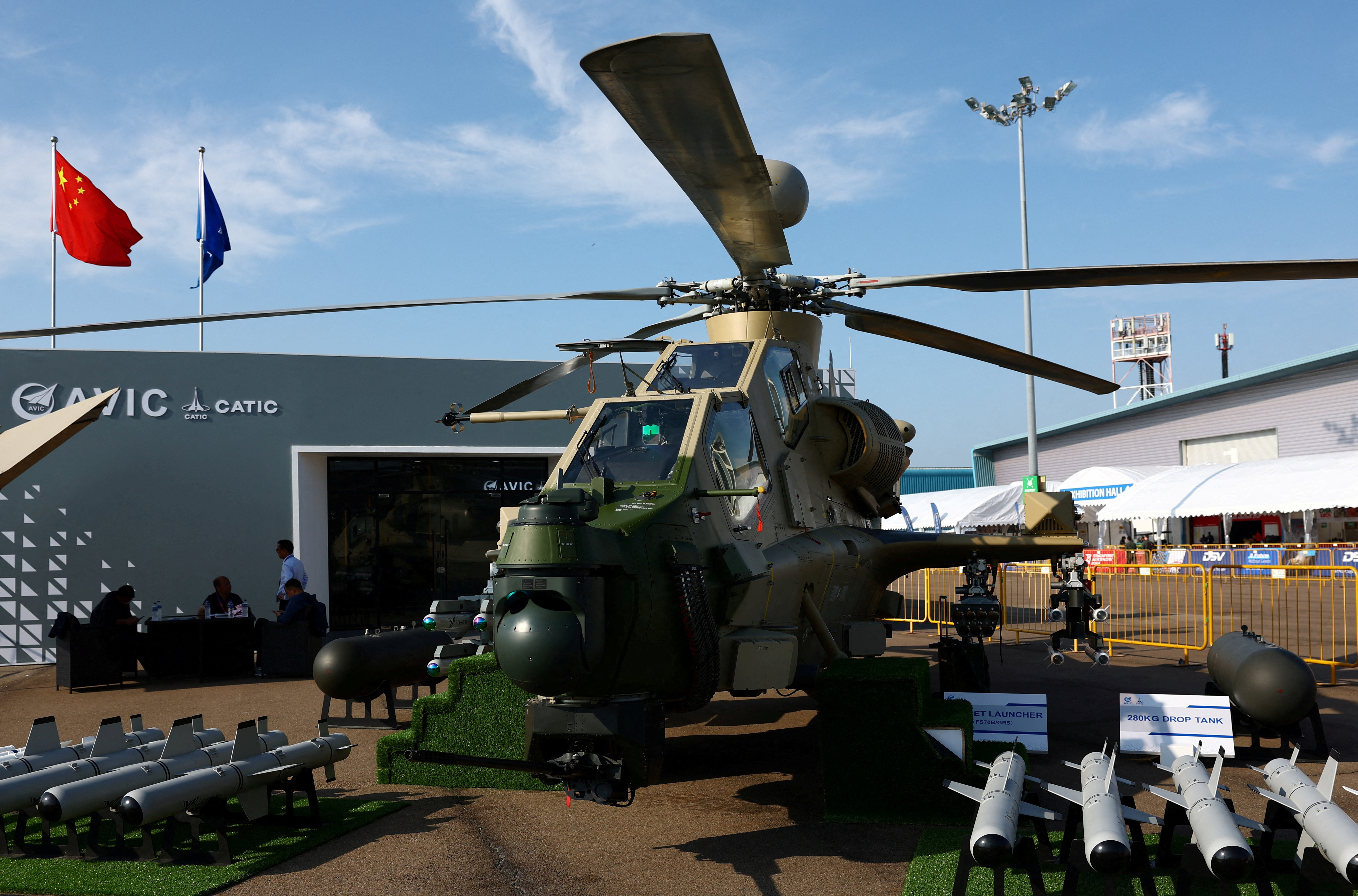 An Aviation Industry Corporation of China (AVIC) Z-10ME attack helicopter is displayed at the Singapore Airshow