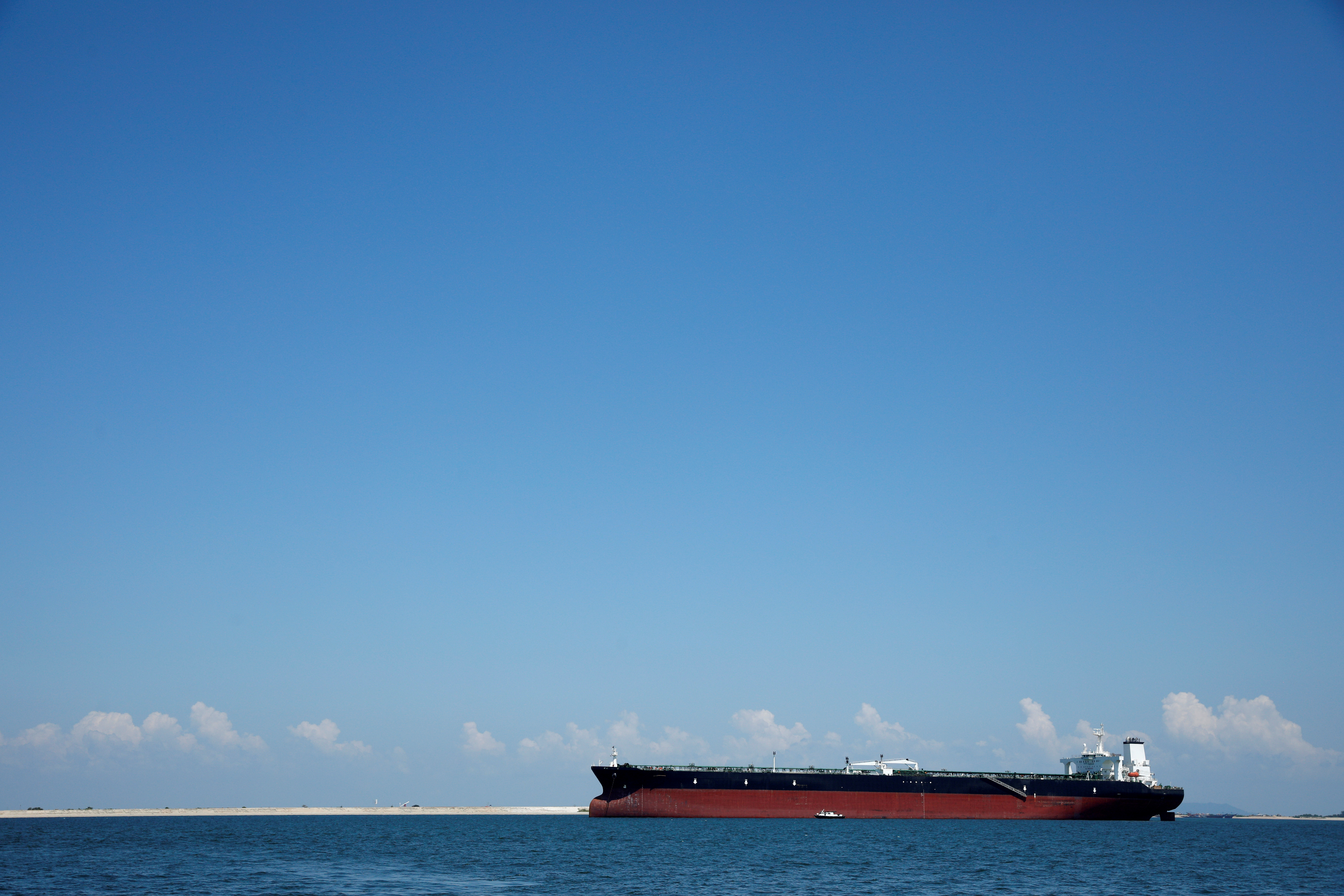 An oil tanker is pictured in the waters off Tuas in Singapore